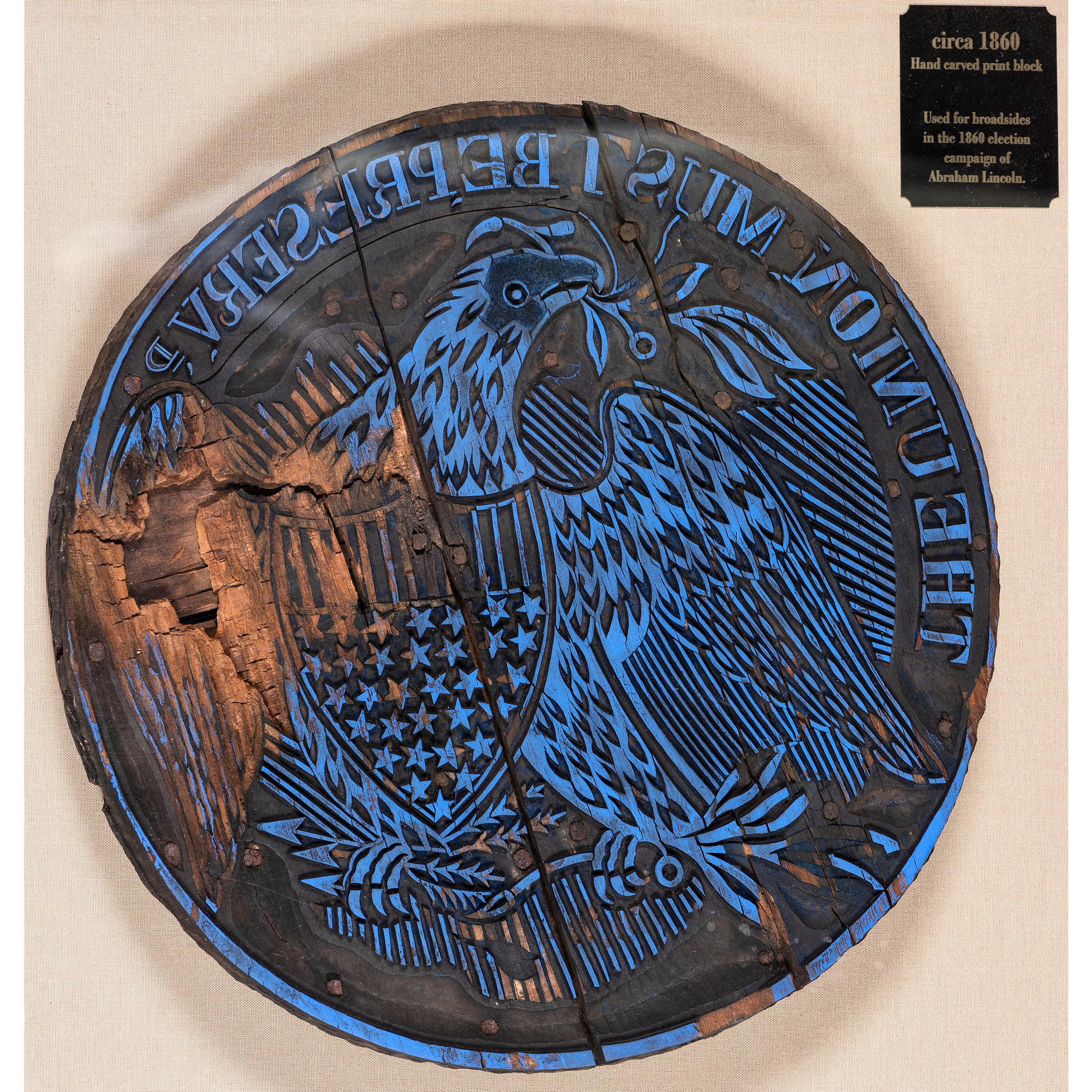 [LINCOLNIANA]. Patriotic hand-carved woodblock used for printed political campaign broadsides. N.p.: n.d., [ca 1860].