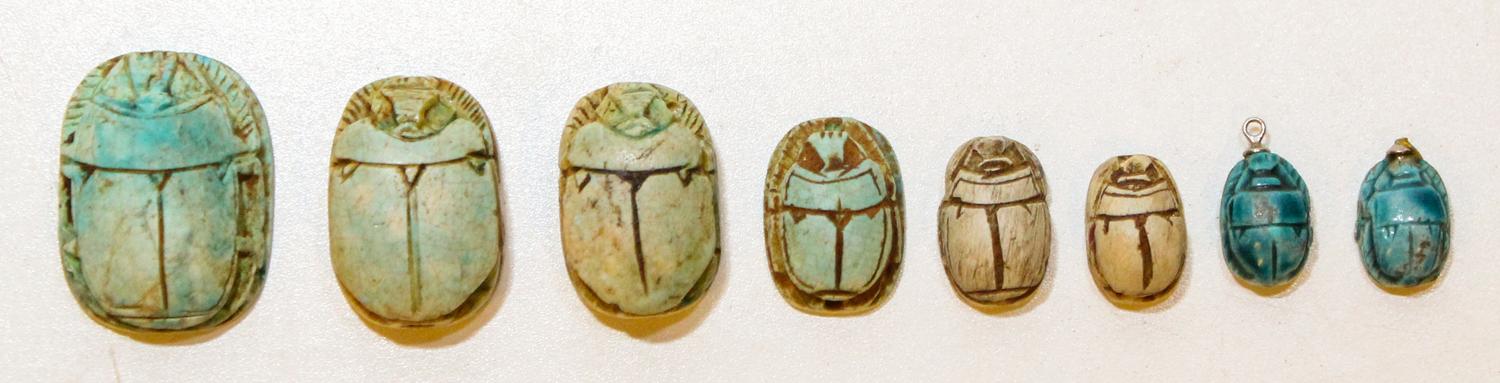 A Collection of Egyptian Carved Scarabs Length of longest 1 1/4 inches.