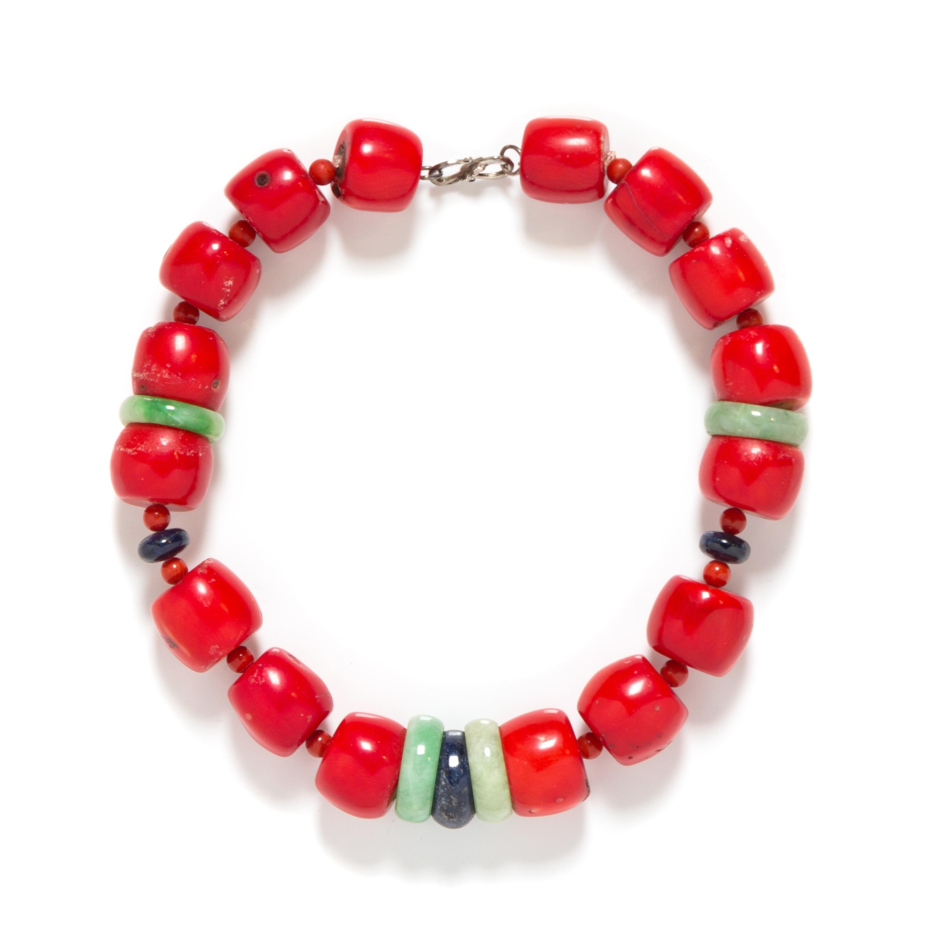 A Coral, Jade, and Sapphire Bead Necklace,
