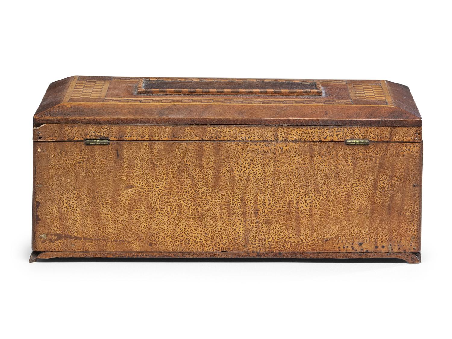 A Prisoner Made Figured Maple and Marquetry Inlaid Box with Turtles and Frogs, 19th Century