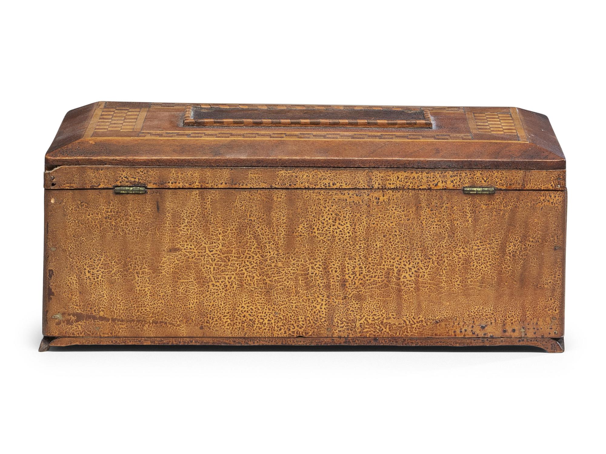 A Prisoner Made Figured Maple and Marquetry Inlaid Box with Turtles and Frogs, 19th Century