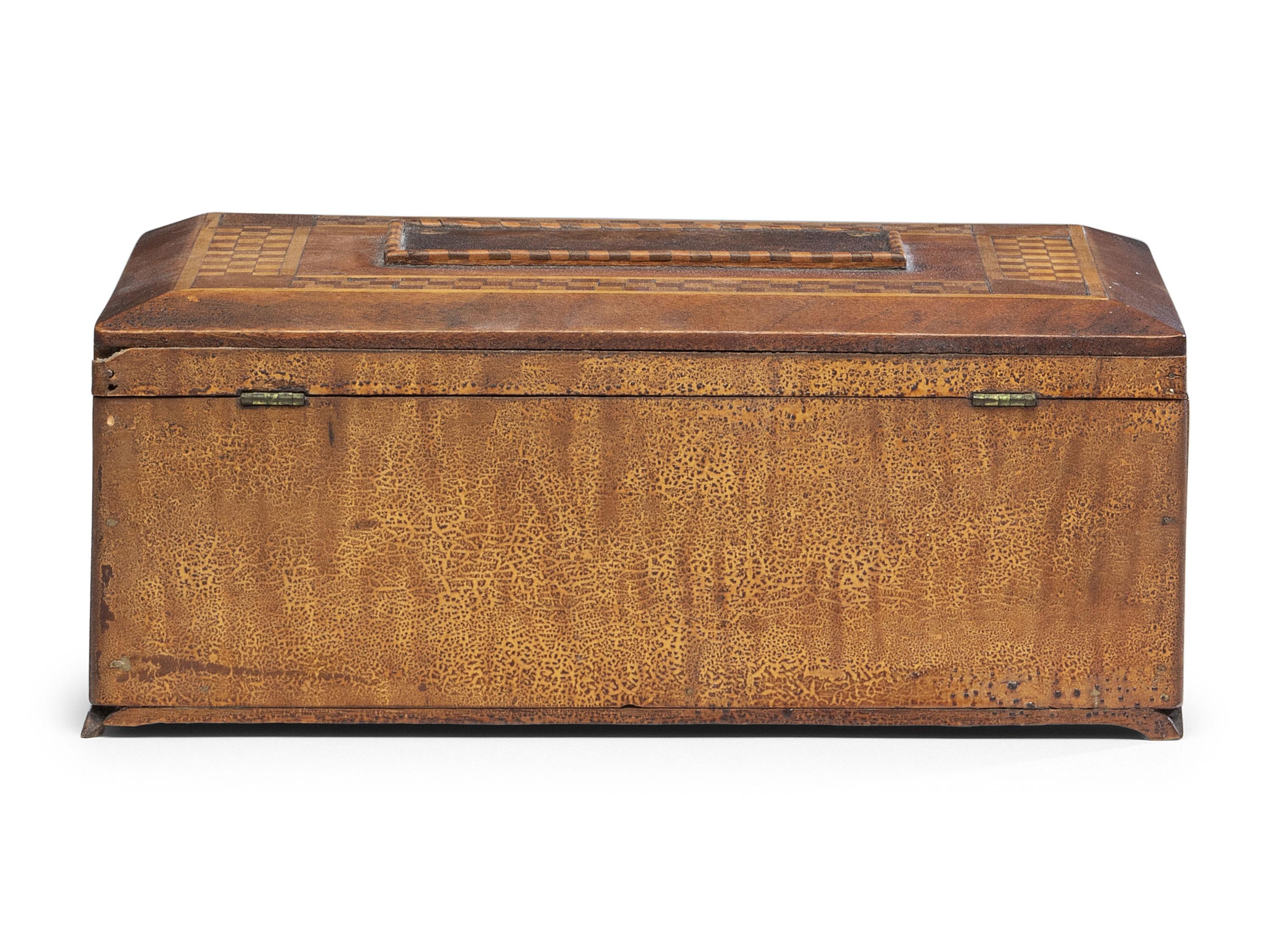 A Prisoner Made Figured Maple and Marquetry Inlaid Box with Turtles and Frogs, 19th Century