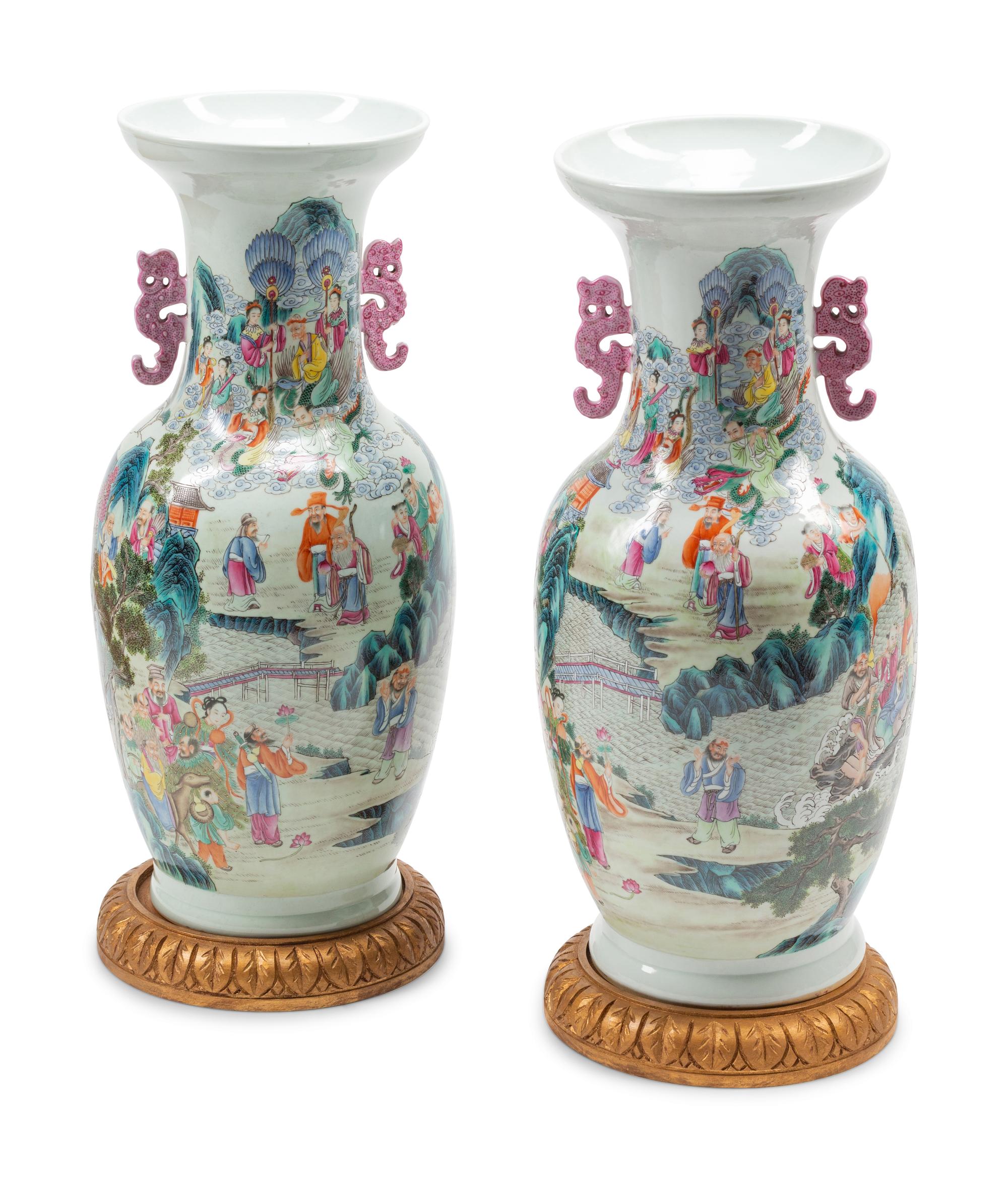 A Pair of Chinese Export Enameled Porcelain Vases on Carved Giltwood Bases