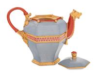 A Sèvres Powdered Pale Blueish Grey-Ground Hexagonal Hard-Paste Porcelain Teapot and Cover ( Théière 'Chinois Fragonard' )