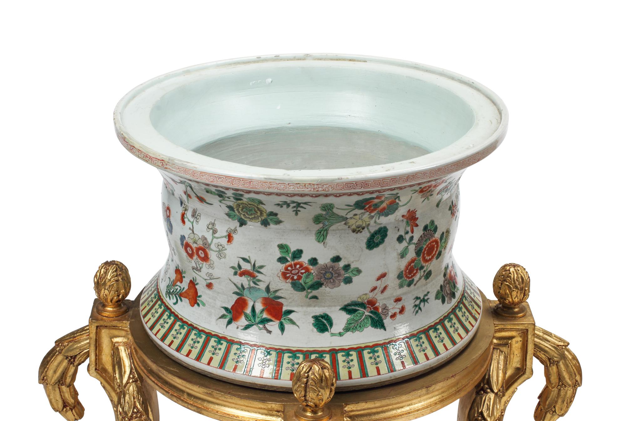 A Pair of Chinese Porcelain Jardinières on Giltwood Bases