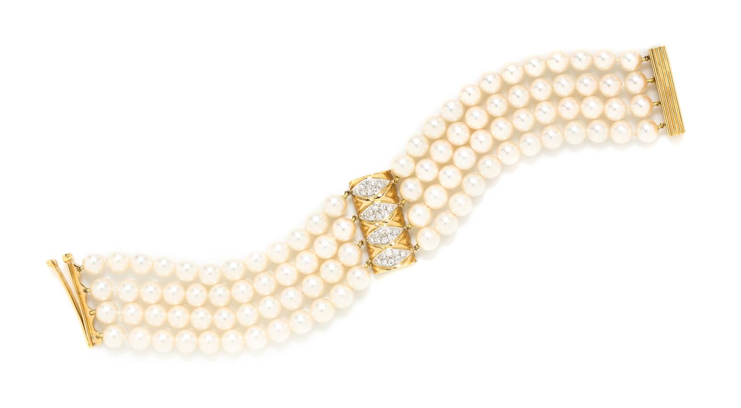 A Yellow Gold, Diamond and Cultured Pearl Multistrand Bracelet,