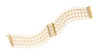 A Yellow Gold, Diamond and Cultured Pearl Multistrand Bracelet,