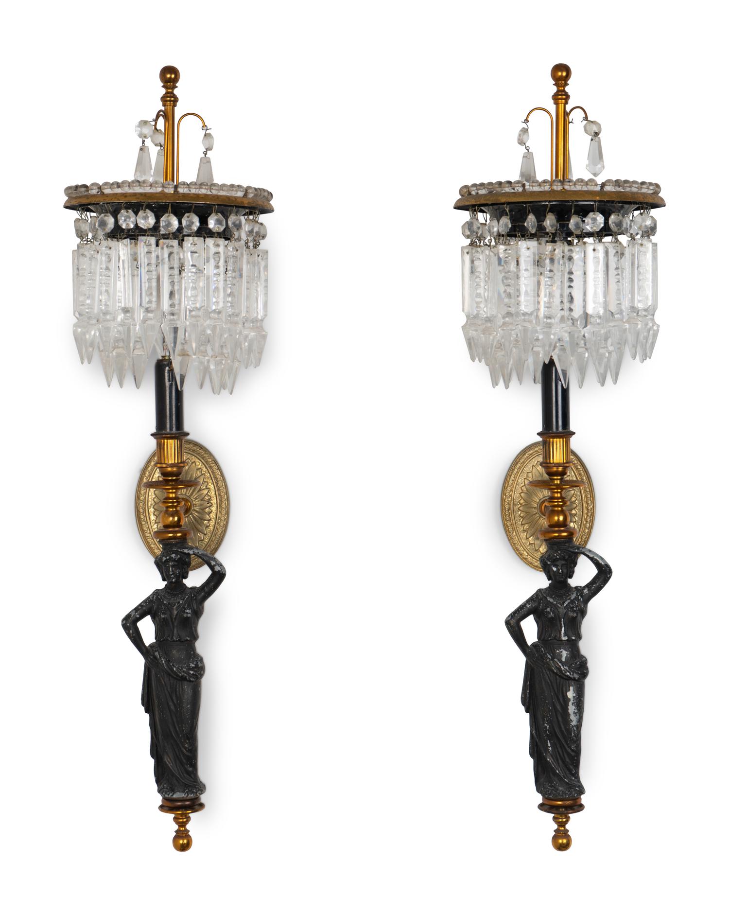 A Pair of Neoclassical Style Gilt Metal, Ebonized and Cut Crystal Wall Sconces — 20TH CENTURY