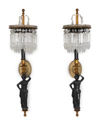A Pair of Neoclassical Style Gilt Metal, Ebonized and Cut Crystal Wall Sconces — 20TH CENTURY