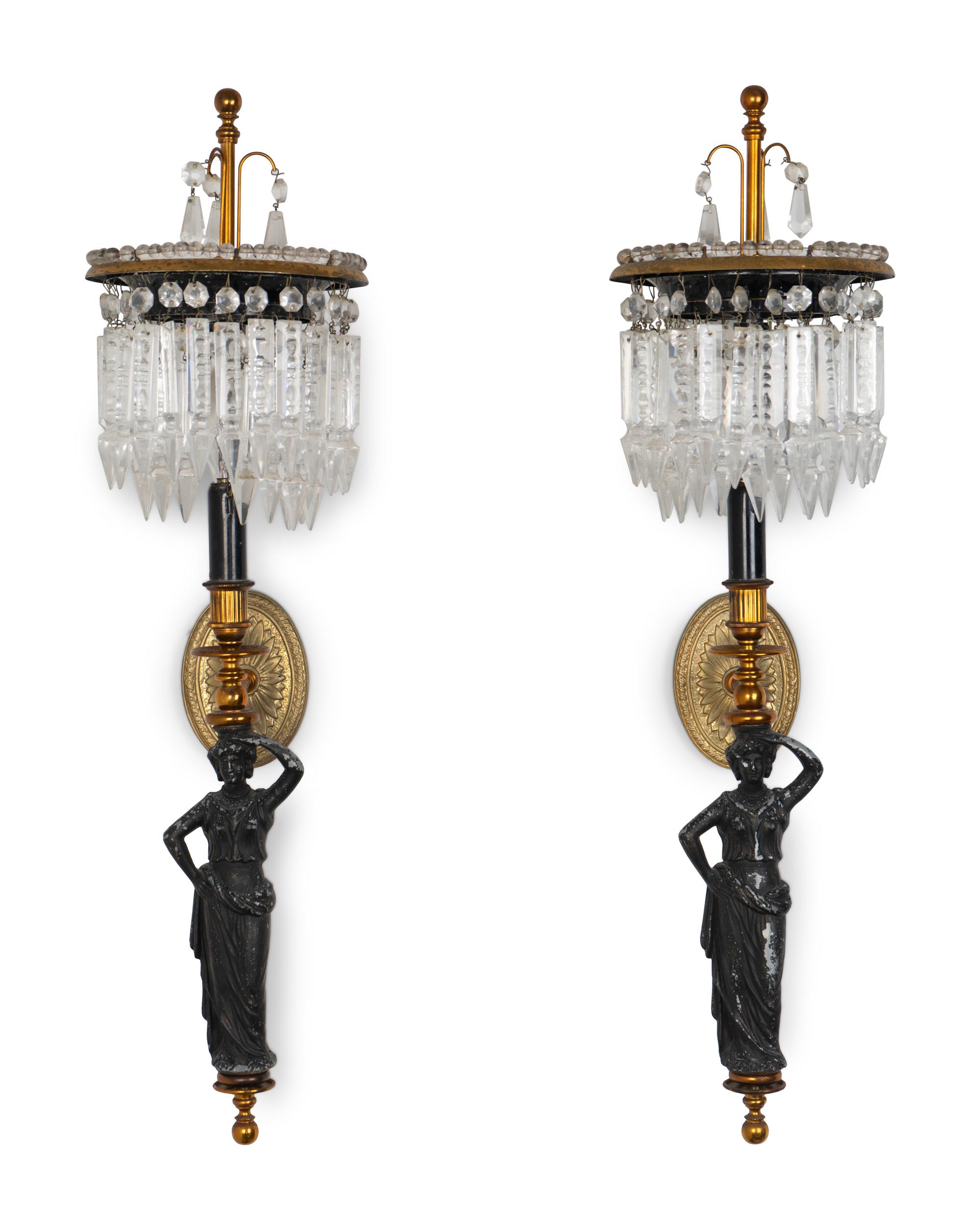 A Pair of Neoclassical Style Gilt Metal, Ebonized and Cut Crystal Wall Sconces — 20TH CENTURY