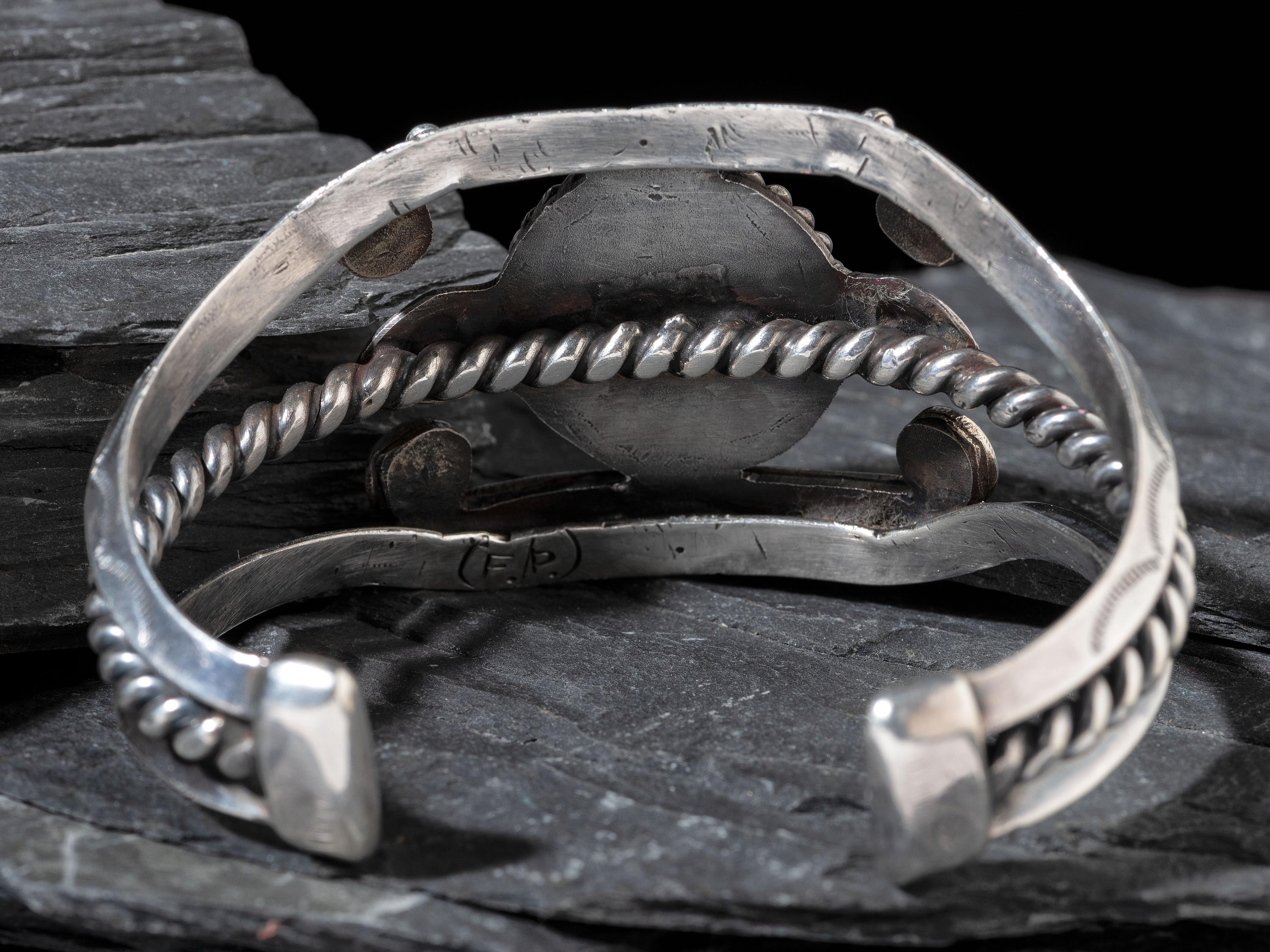 Silver and #8 Turquoise Cuff, with Heart Repoussé Accents
