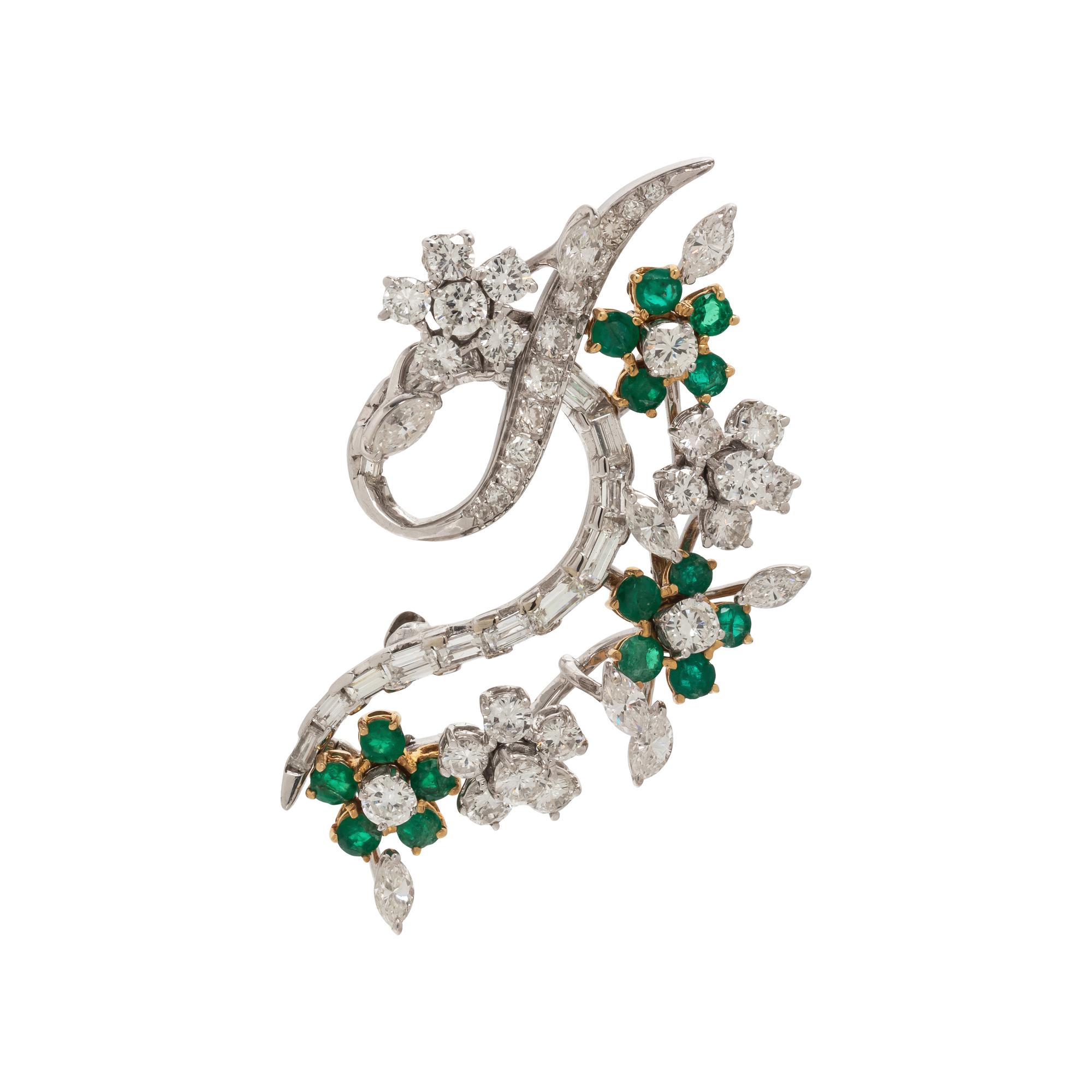 EMERALD AND DIAMOND FLORAL BROOCH