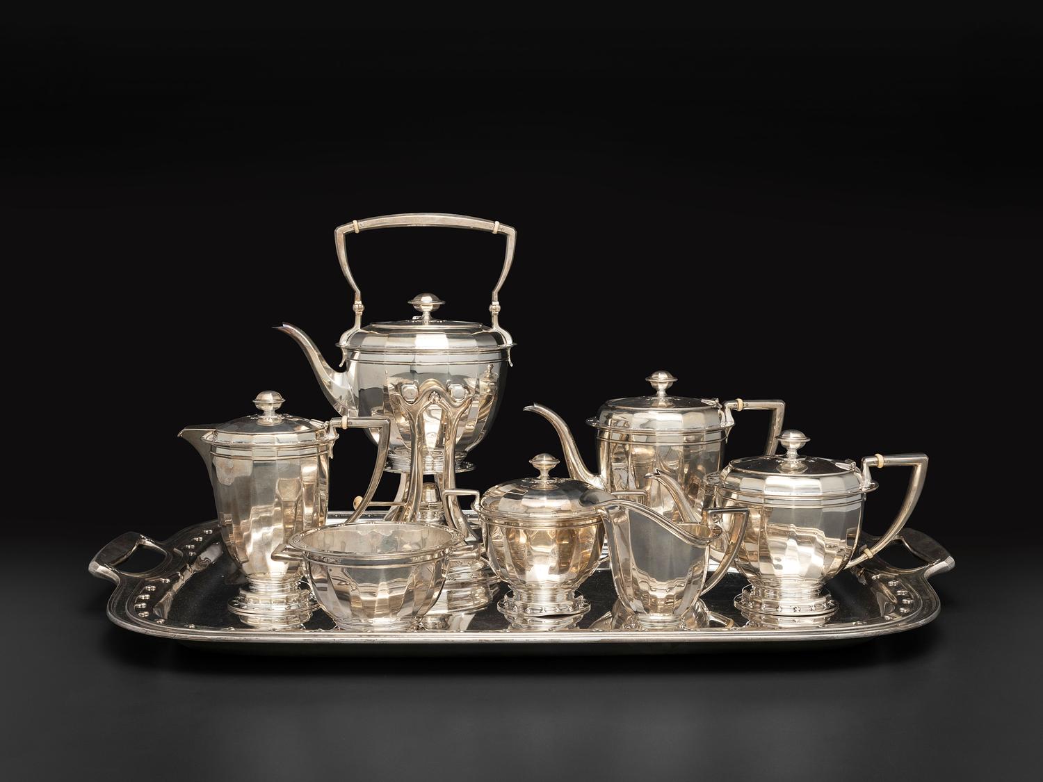An American Silver Seven Piece Tea and Coffee Service with Matching Tray