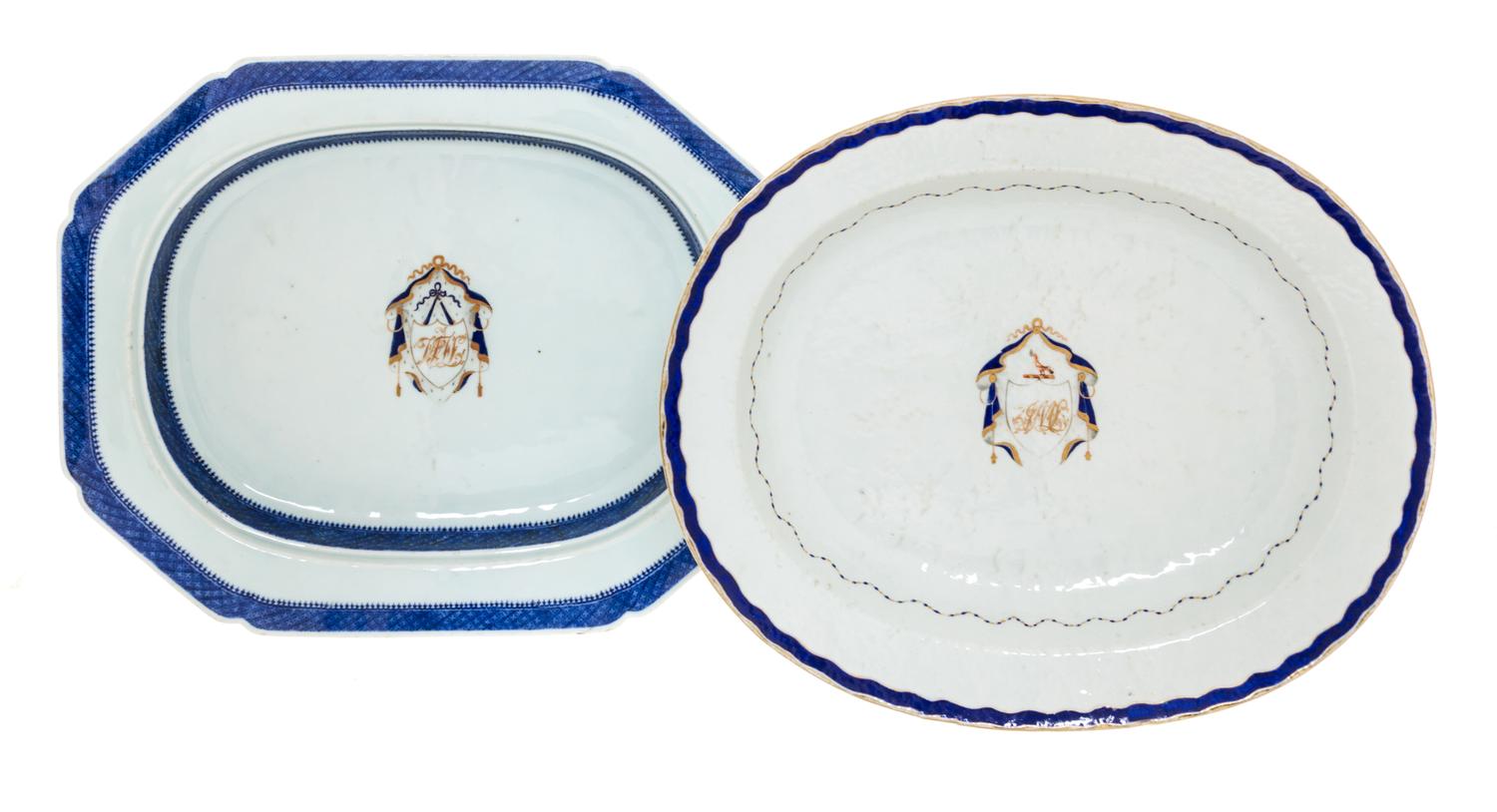 Two Chinese Export Porcelain Armorial Platters Width of first 15 1/4 inches.