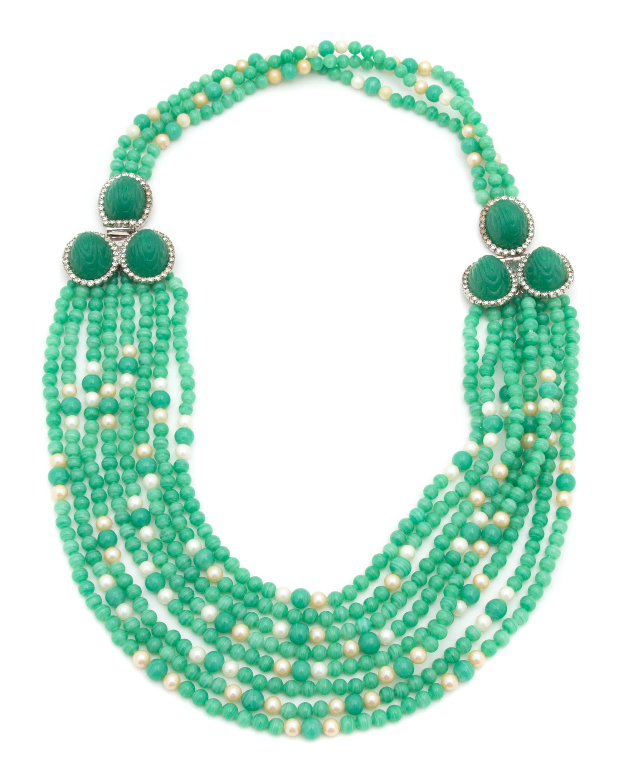 A William de Lillo Jade and Faux Pearl Multistrand Parure, Necklace: 24"; Bracelet: 8" x 1"; Earclips: 1" x .75".