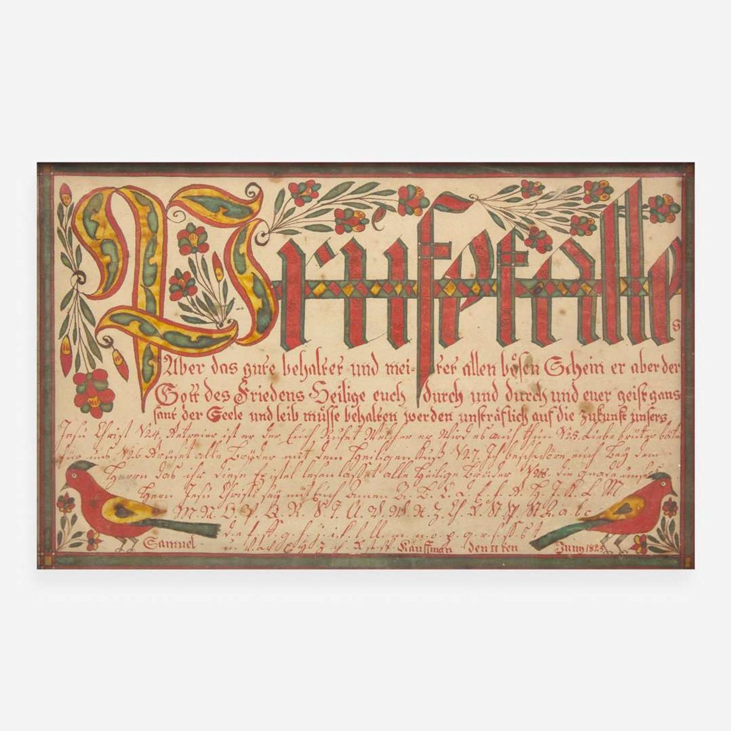 Attributed to the Oley Township Artist A Fraktur: Vorschrift for Samuel Kauffman, dated "11 June 1825"