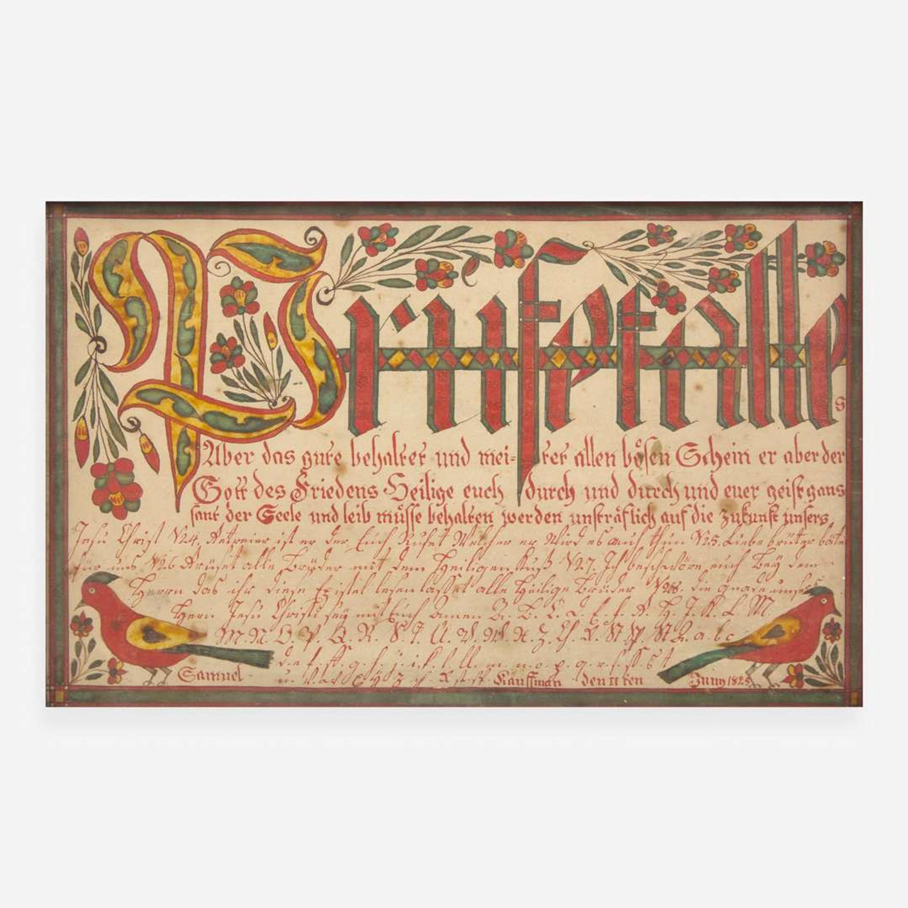 Attributed to the Oley Township Artist A Fraktur: Vorschrift for Samuel Kauffman, dated "11 June 1825"