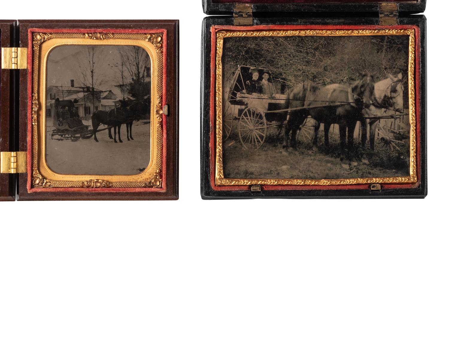 [EARLY PHOTOGRAPHY]. 5 ambrotypes and tintypes featuring horses and/or buggies, most in Union cases