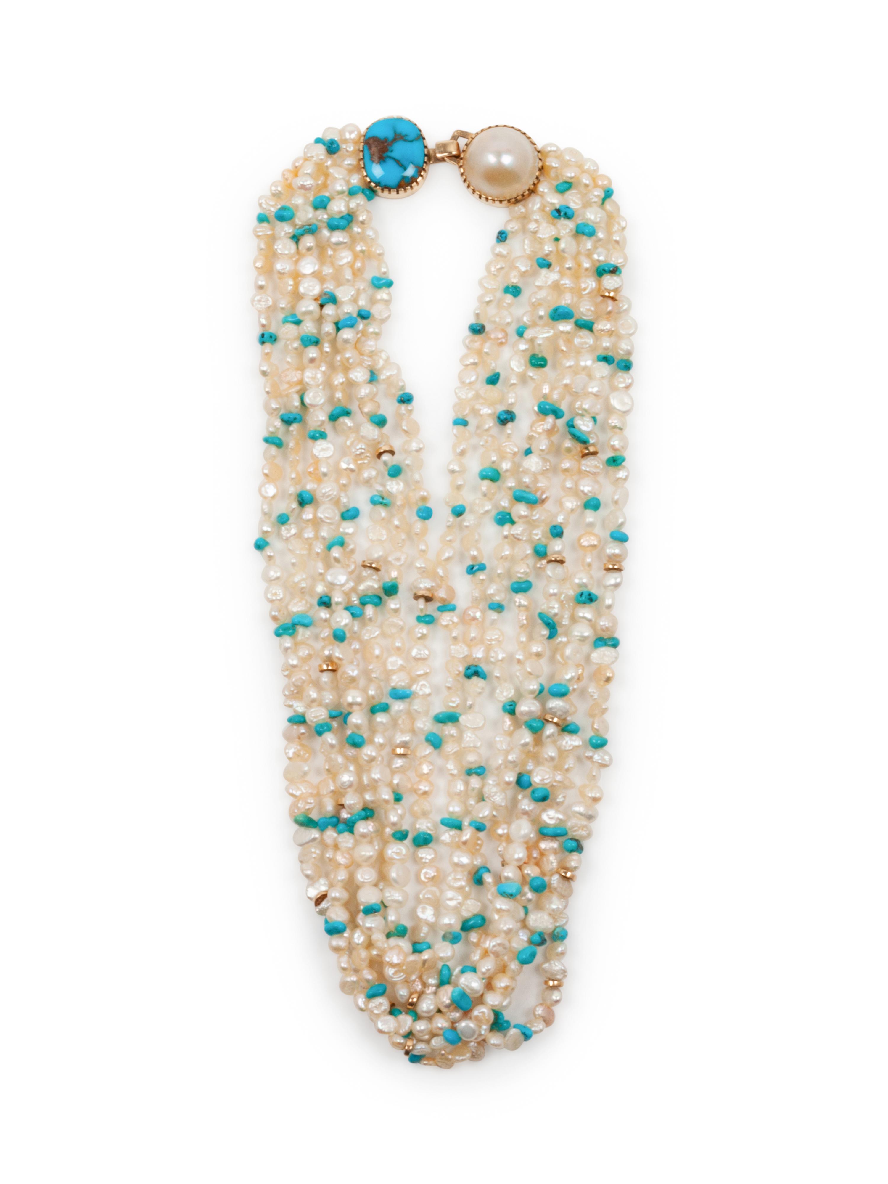 14k Gold, Pearl, and Turquoise Multi-Strand Necklace