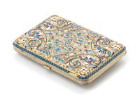 A Russian Silver and Enamel Cigarette Case, Maker's mark CMO, Kokoshnik mark of Ivan Lebedkin, Moscow, the case with floral and foliate