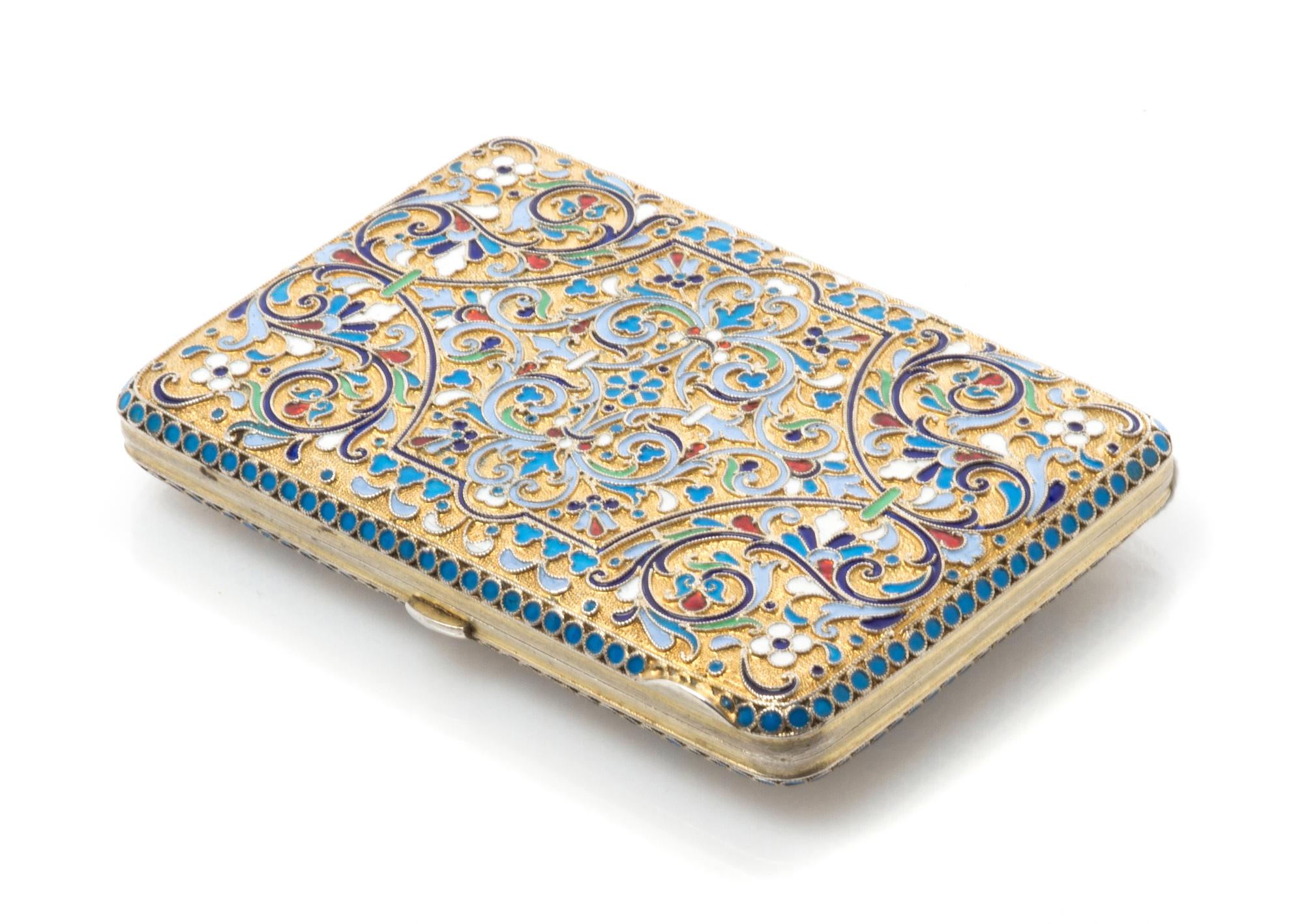 A Russian Silver and Enamel Cigarette Case, Maker's mark CMO, Kokoshnik mark of Ivan Lebedkin, Moscow, the case with floral and foliate