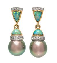 A Pair of 18 Karat Yellow Gold, Platinum, Cultured Tahitian Pearl, Diamond and Opal Earrings, Kabana, 7.80 dwts.