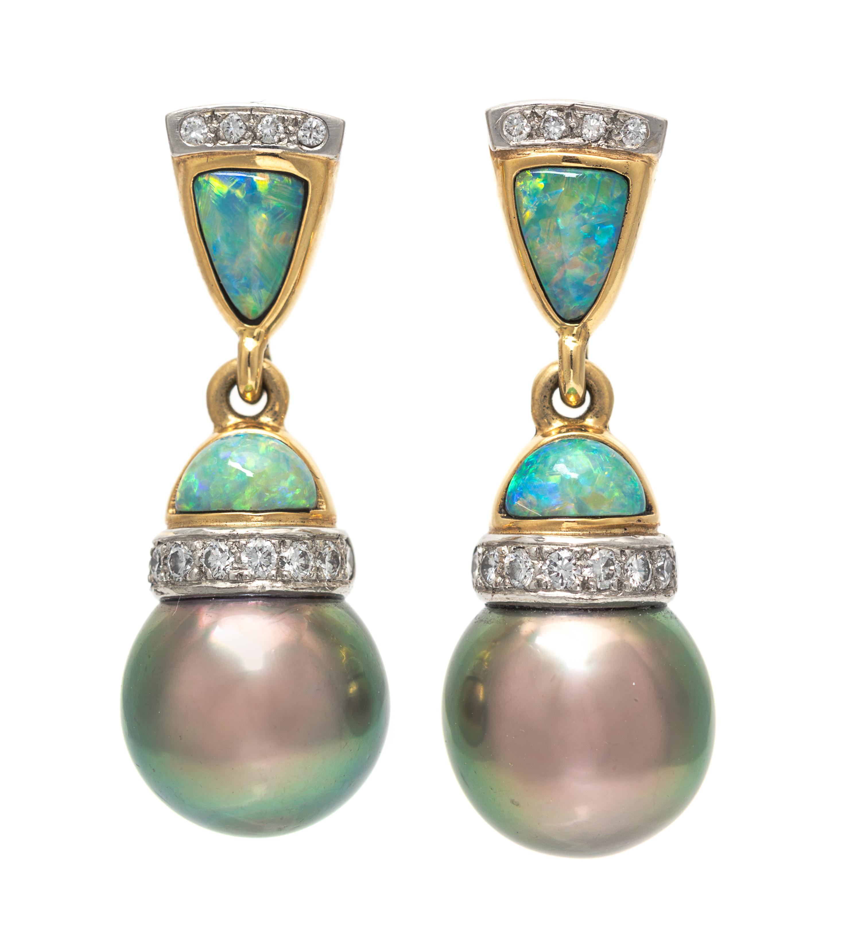 A Pair of 18 Karat Yellow Gold, Platinum, Cultured Tahitian Pearl, Diamond and Opal Earrings, Kabana, 7.80 dwts.