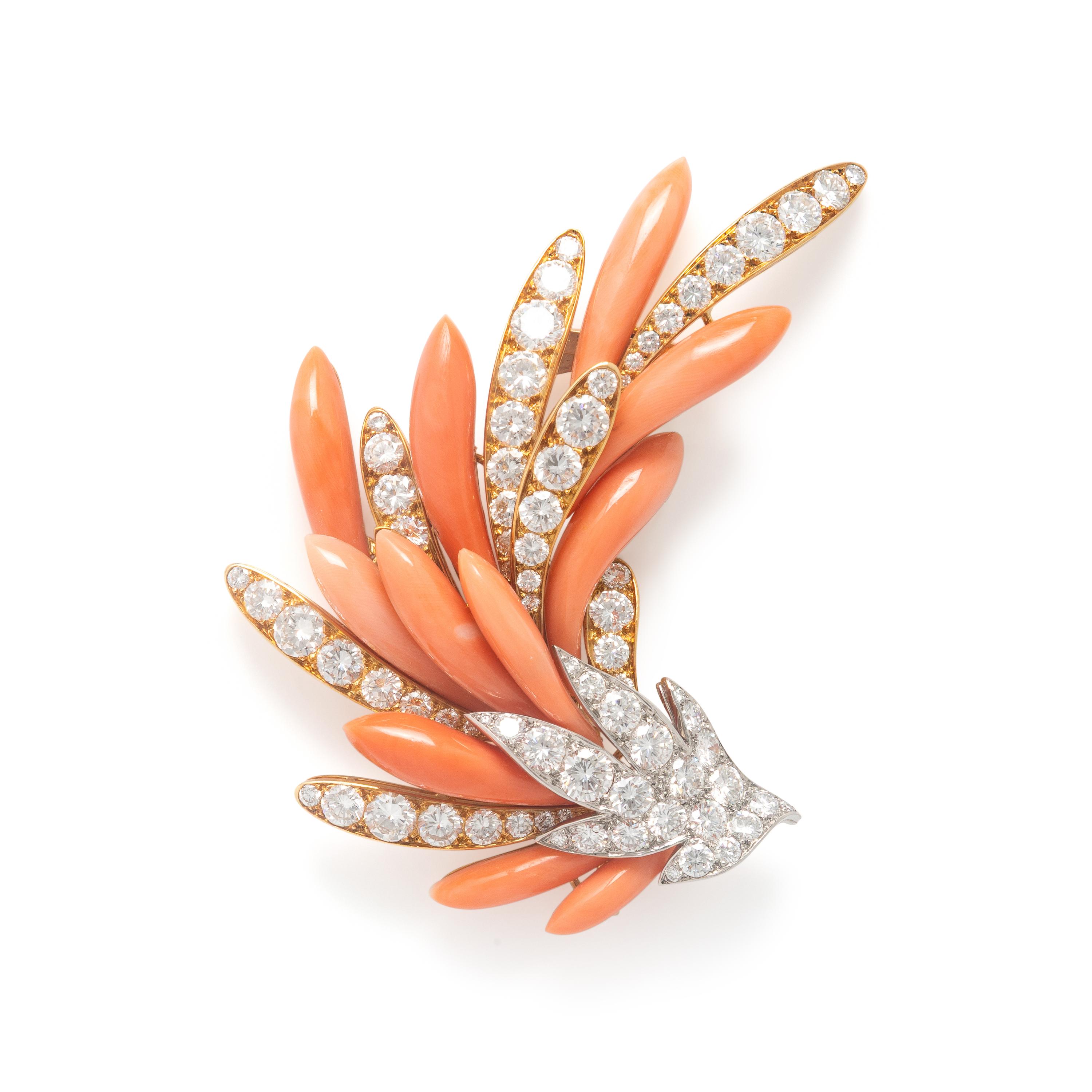 M. Gérard, Coral, Diamond, and Yellow Gold Brooch