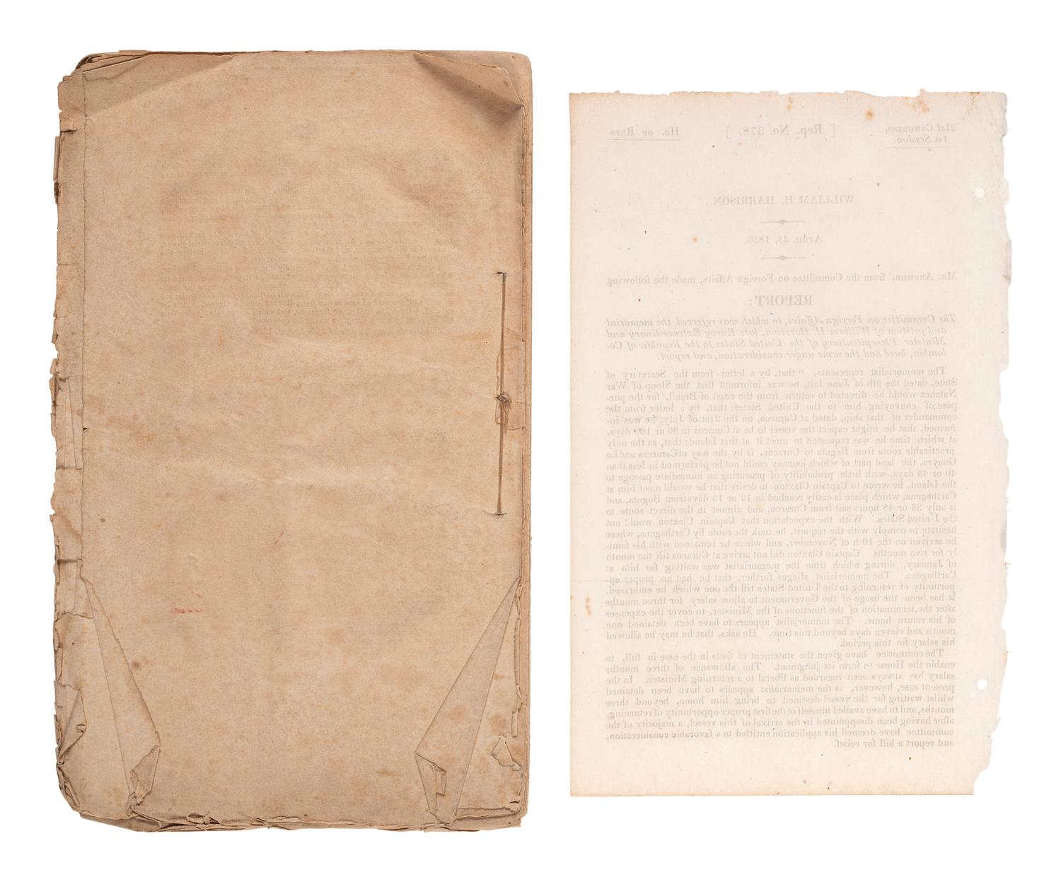 HARRISON, William Henry (1773-1841). Remarks of General Harrison, Late Envoy Extraordinary and Minister Plenipotentiary of the United States to the Republic of Columbia. Washington, D.C.: Gales & Seaton, 1830.