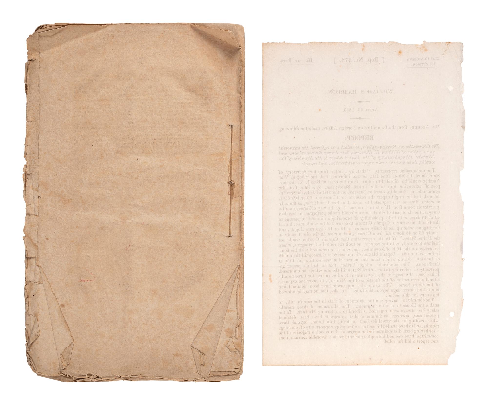 HARRISON, William Henry (1773-1841). Remarks of General Harrison, Late Envoy Extraordinary and Minister Plenipotentiary of the United States to the Republic of Columbia. Washington, D.C.: Gales & Seaton, 1830.