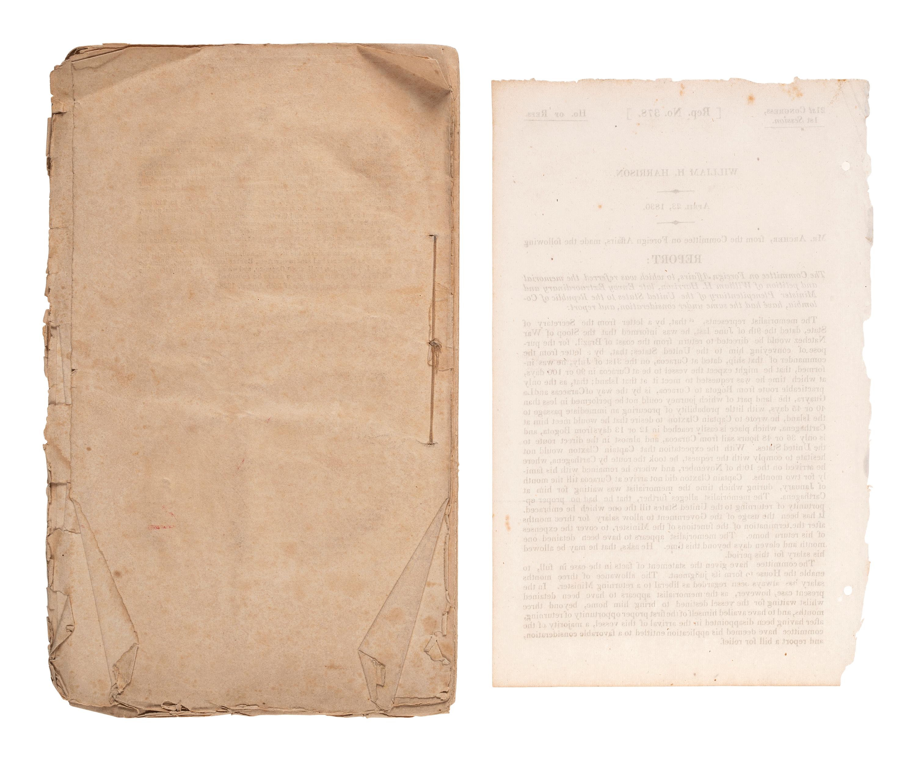 HARRISON, William Henry (1773-1841). Remarks of General Harrison, Late Envoy Extraordinary and Minister Plenipotentiary of the United States to the Republic of Columbia. Washington, D.C.: Gales & Seaton, 1830.