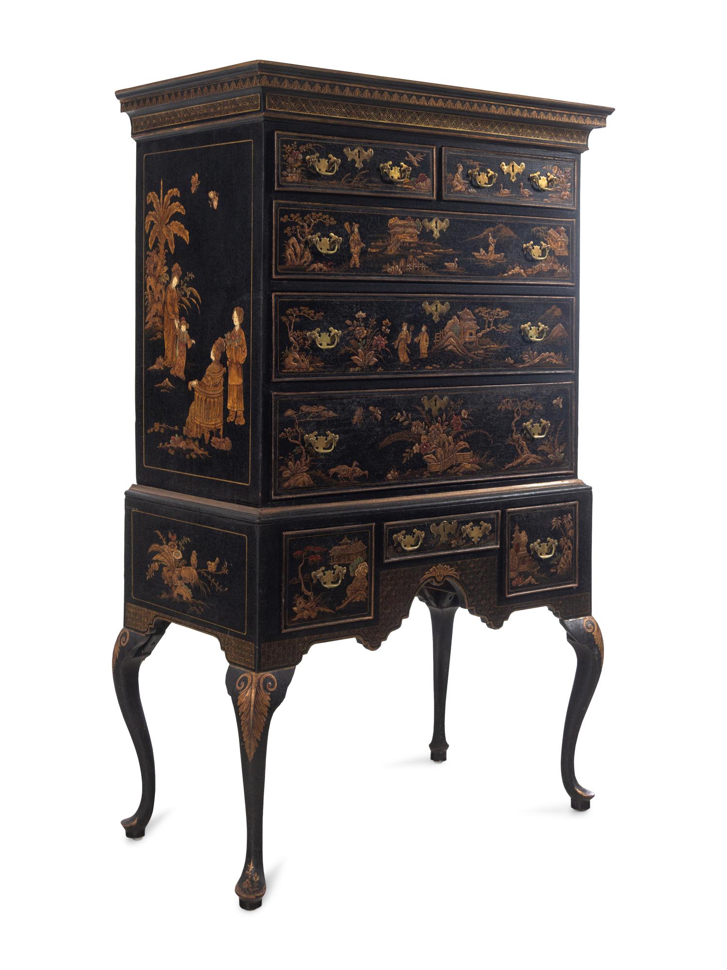 Queen Anne Japanned Lacquered Pine and Maple Flat Top High Chest