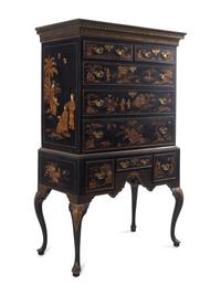 Queen Anne Japanned Lacquered Pine and Maple Flat Top High Chest