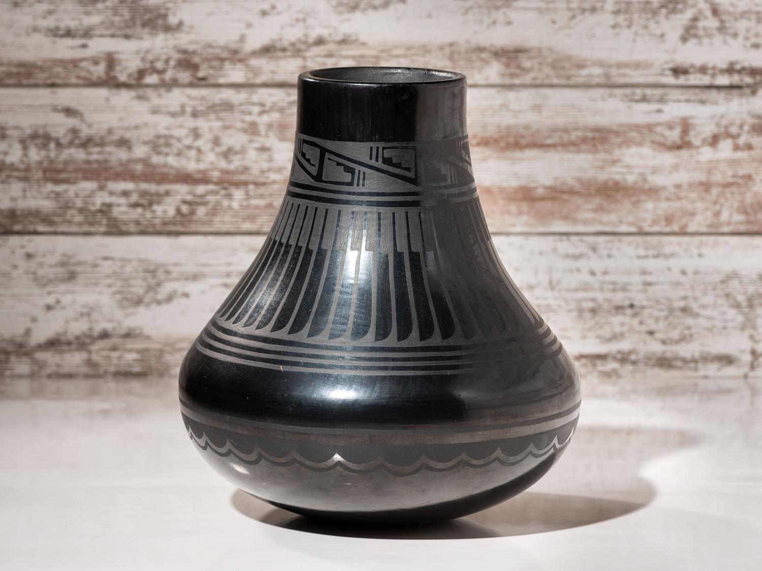 Blackware Pottery Jar, with Repeating Feathers