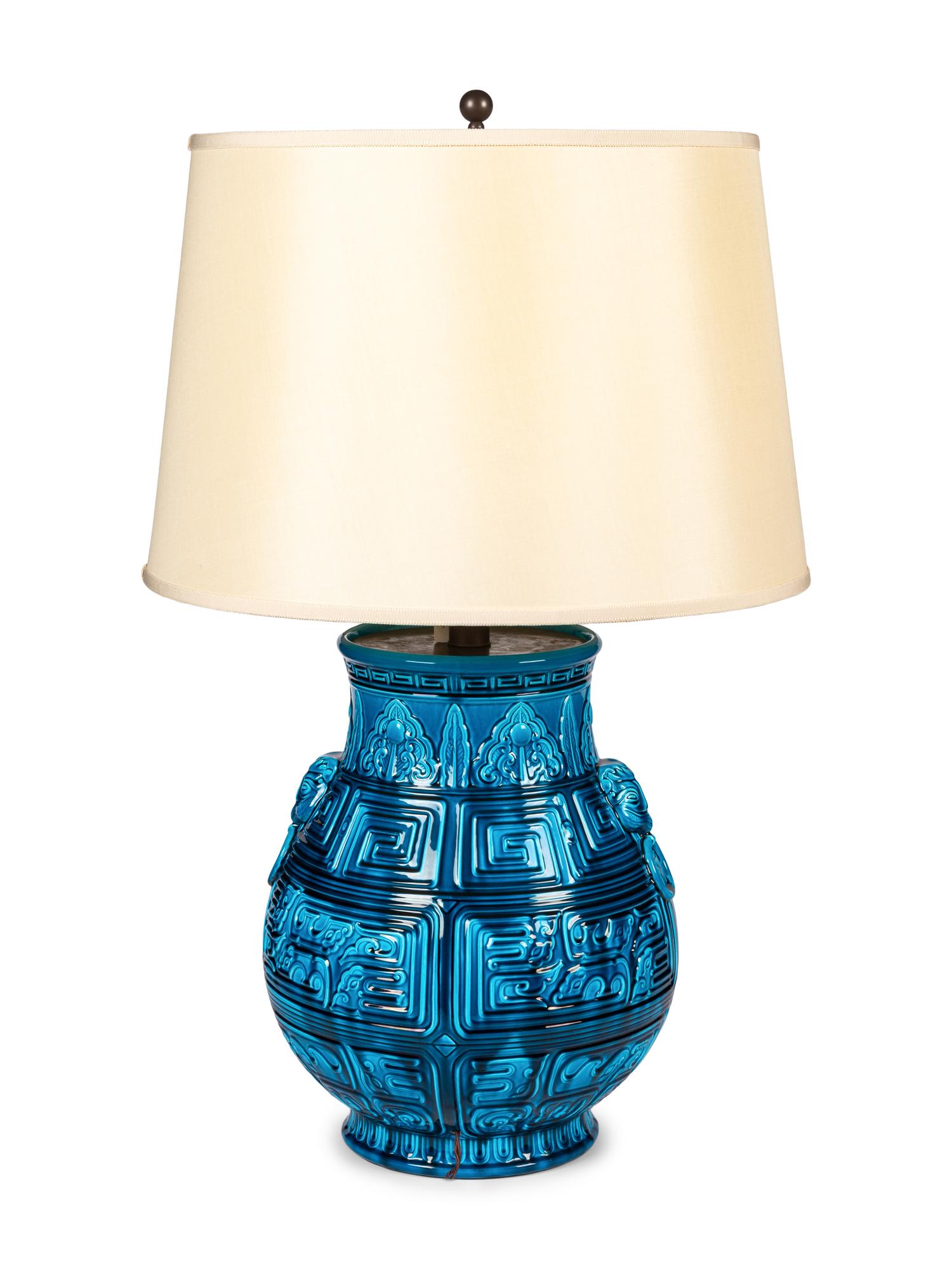 An Archaic Style Turquoise-Glazed Pottery Vase Mounted as a Lamp