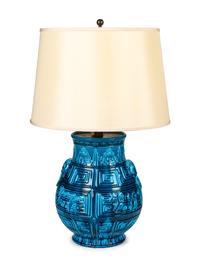 An Archaic Style Turquoise-Glazed Pottery Vase Mounted as a Lamp