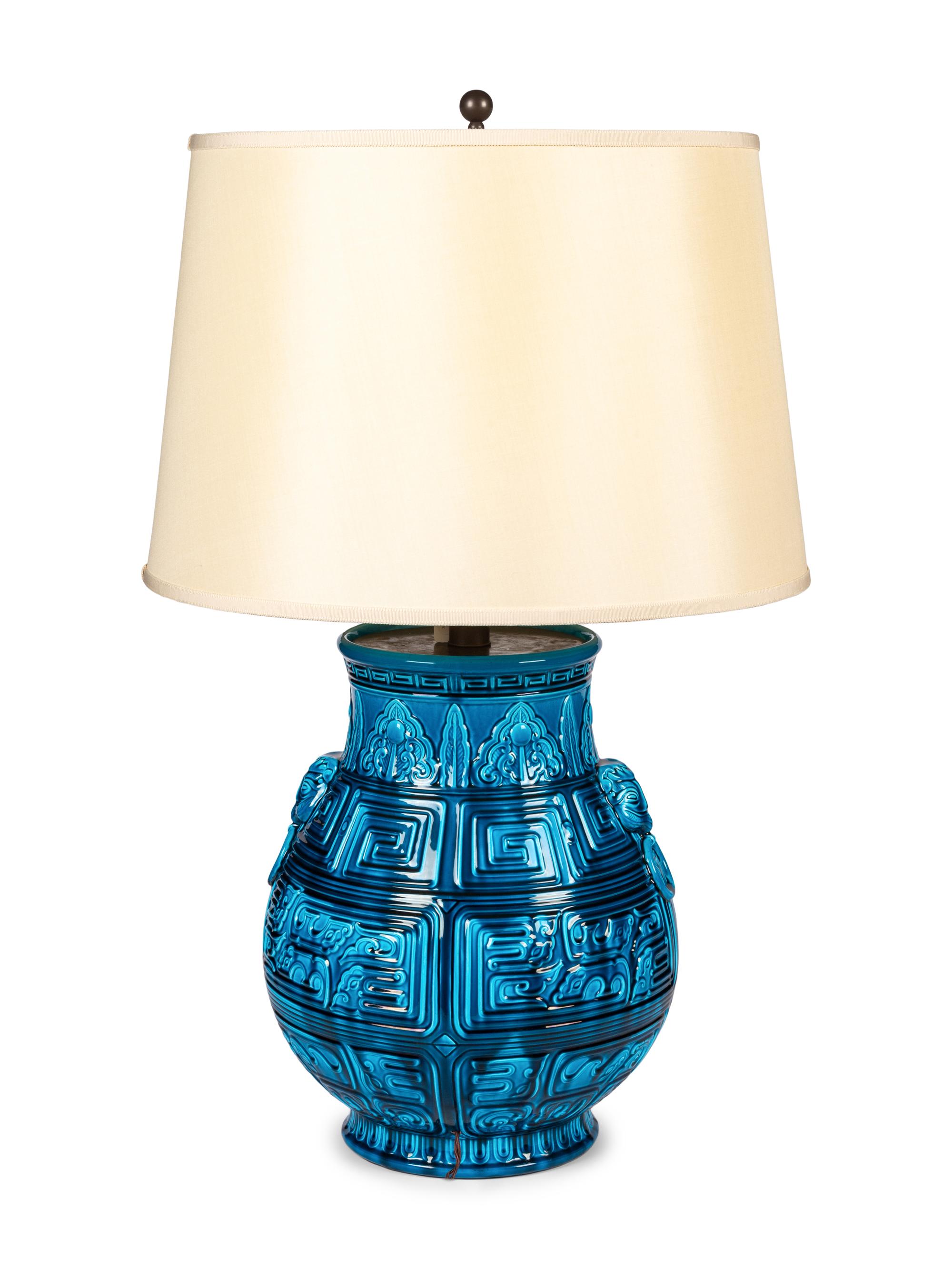 An Archaic Style Turquoise-Glazed Pottery Vase Mounted as a Lamp
