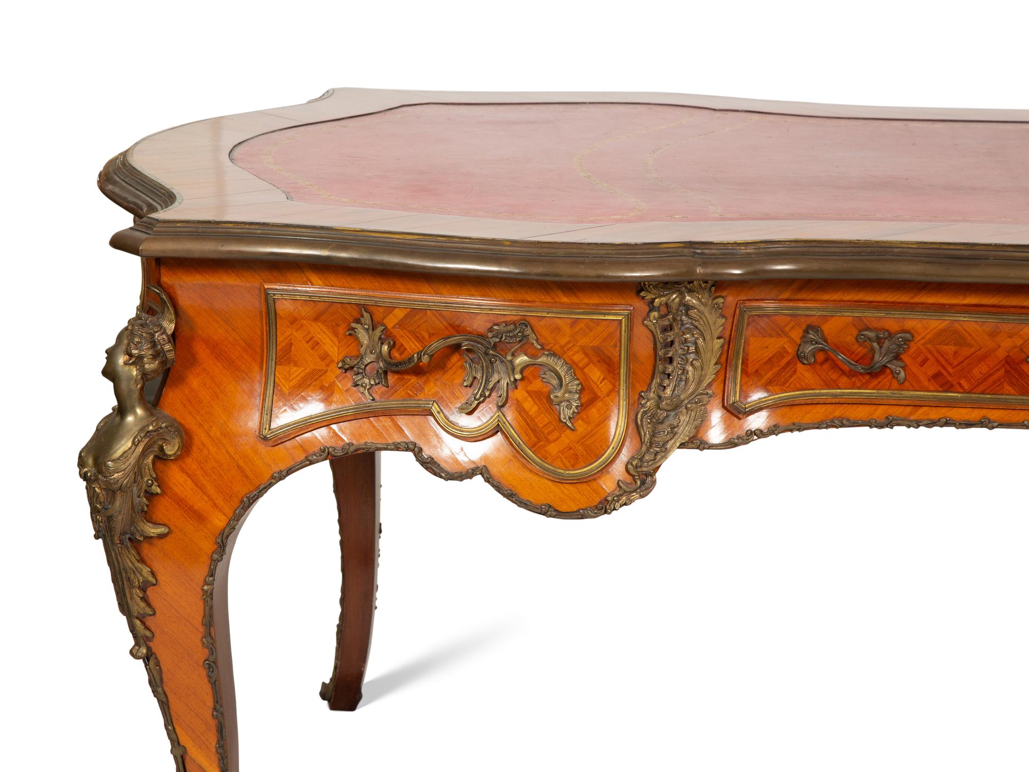 A Louis XV Style Gilt Bronze Mounted Parquetry Bureau Plat
