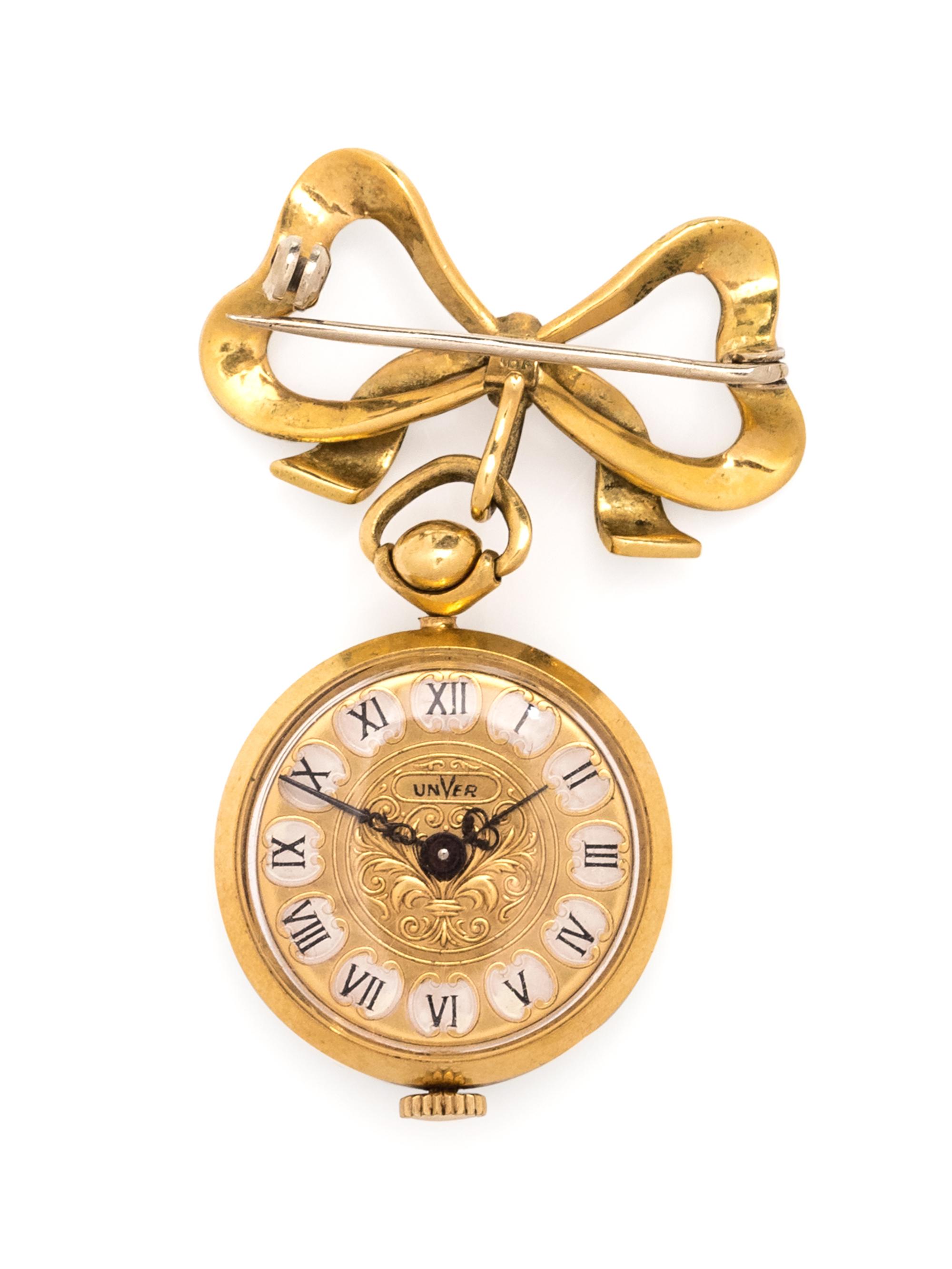 An 18 Karat Yellow Gold and Enamel Lapel Watch, Unver,