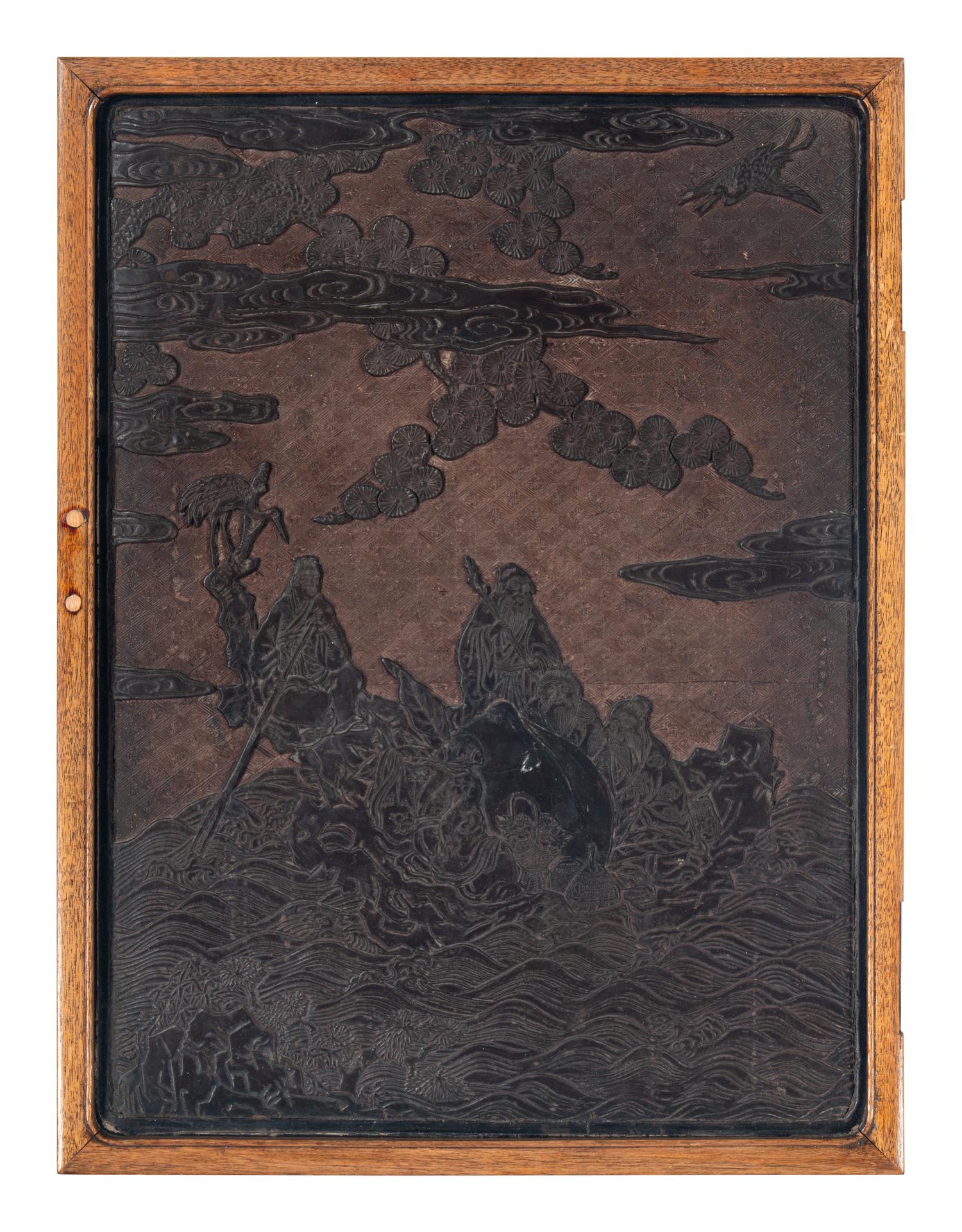 A Chinese Carved Lacquer 'Immortals' Wall Panel