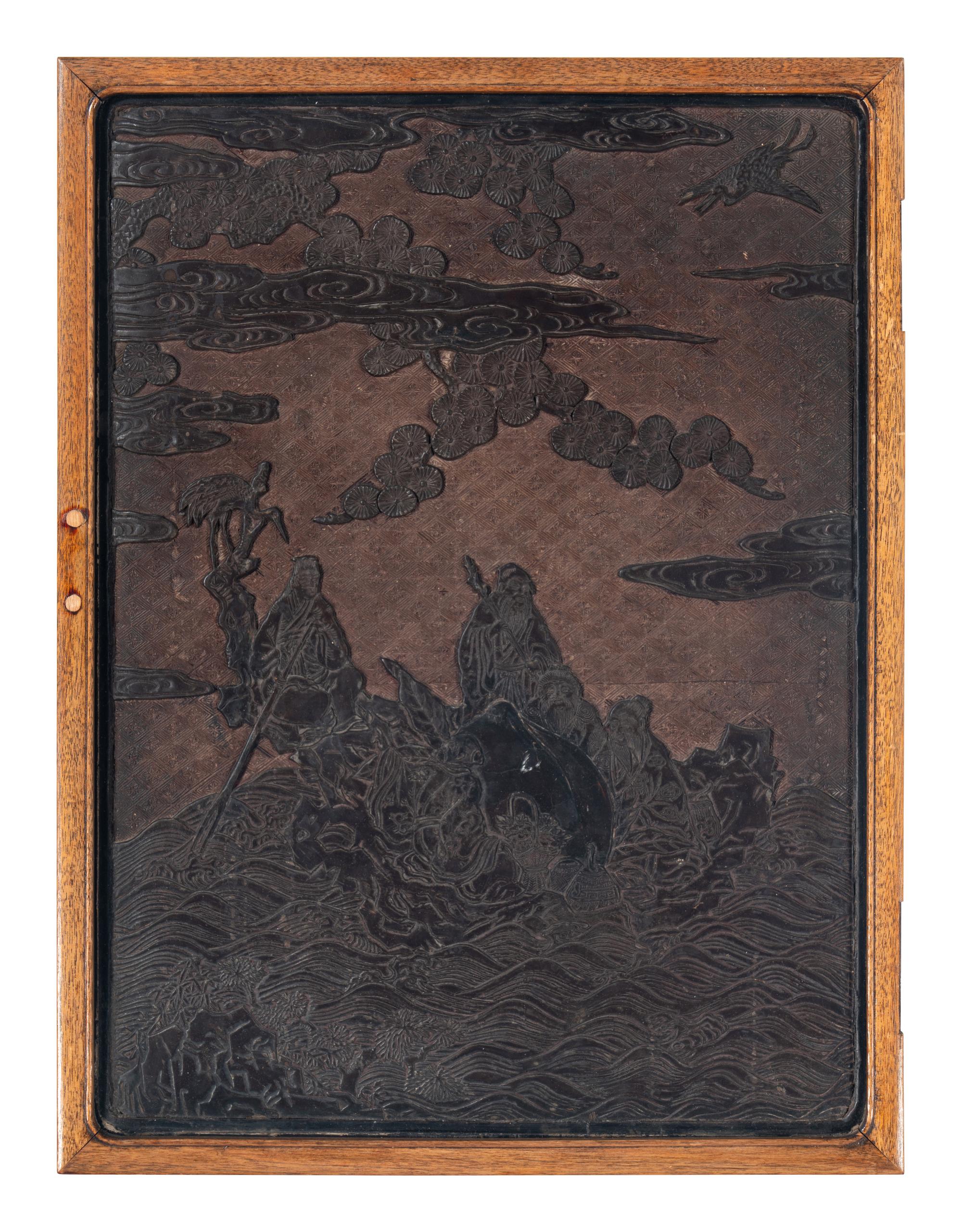A Chinese Carved Lacquer 'Immortals' Wall Panel