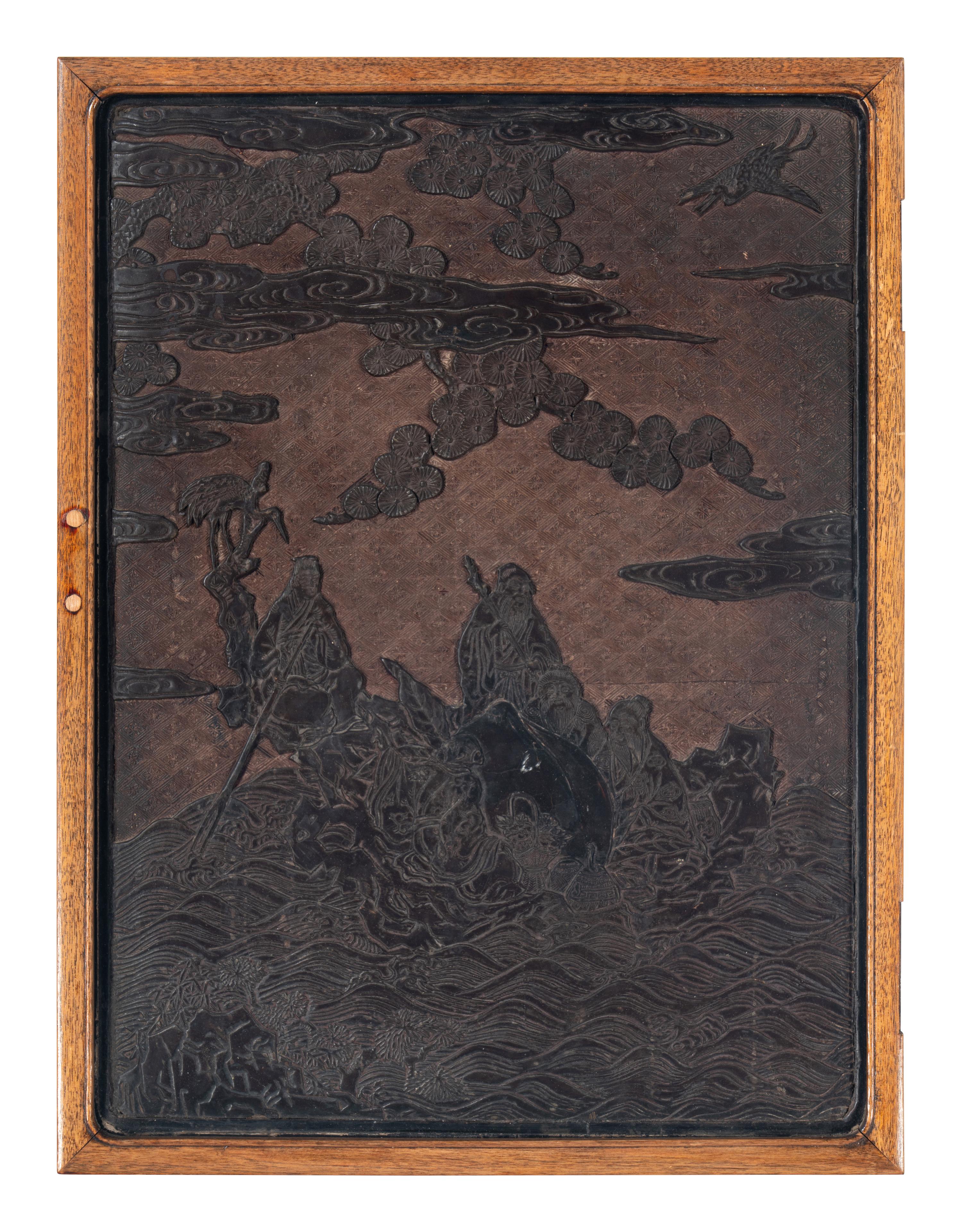A Chinese Carved Lacquer 'Immortals' Wall Panel