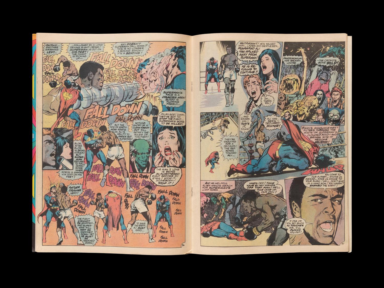 A Group of Five Muhammad Ali On Site Boxing Programs, Press Badge, Ticket and One Superman D.C. Comic Book,