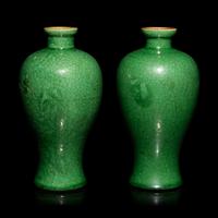 A Pair of Small Chinese Crackled Ground Green Glazed Meiping Vases, Late Qing Dynasty — 清晚期 綠釉開片小梅瓶一對