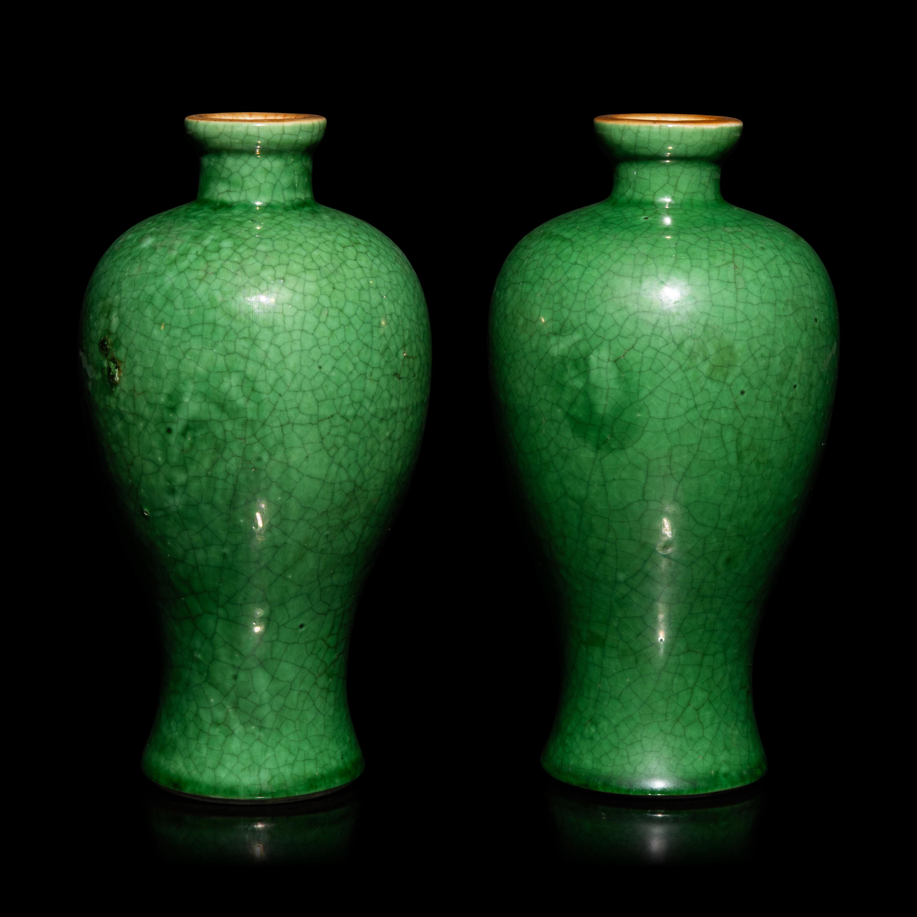 A Pair of Small Chinese Crackled Ground Green Glazed Meiping Vases, Late Qing Dynasty — 清晚期 綠釉開片小梅瓶一對