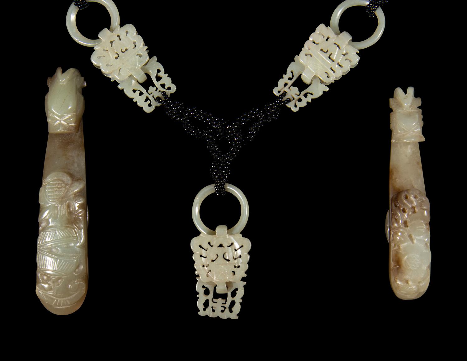 Four Chinese Carved Jade Jewelry and One Seed Pearl Tassel