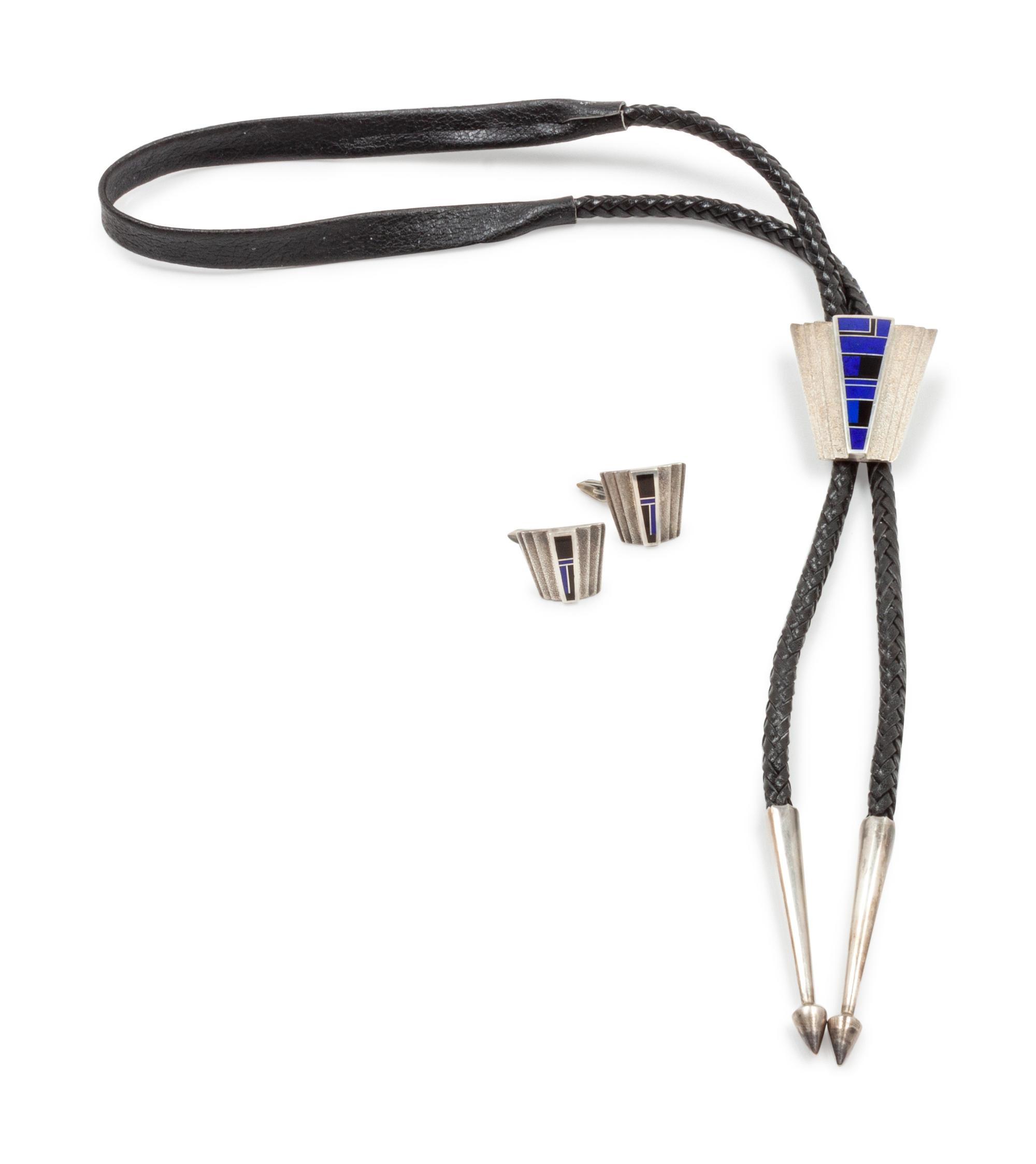 Silver, Lapis, and Onyx Bolo and Cufflinks
