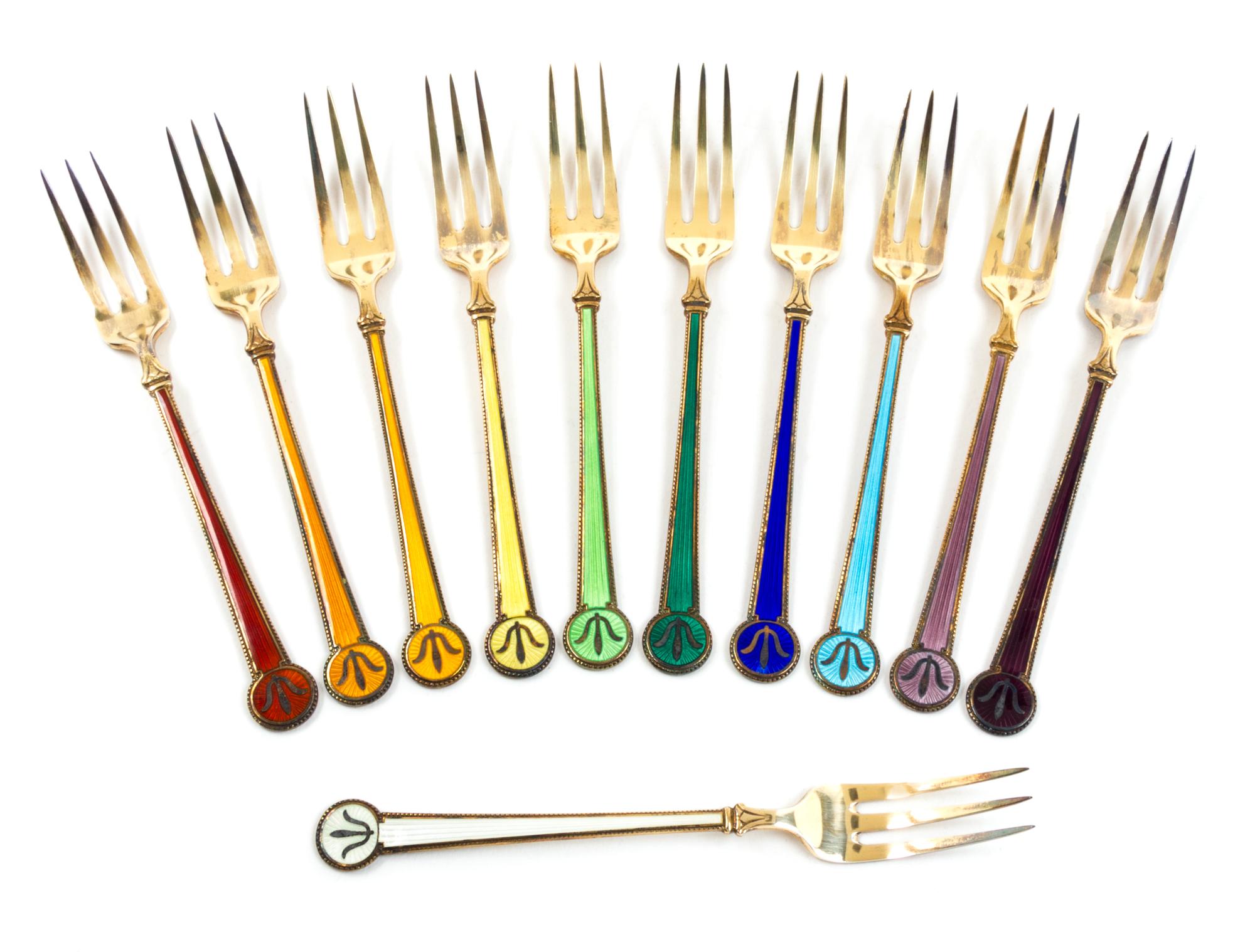 A Set of 24 Danish Enameled Spoon and Forks Length 5 inches. — David Anderson, 20th Century
