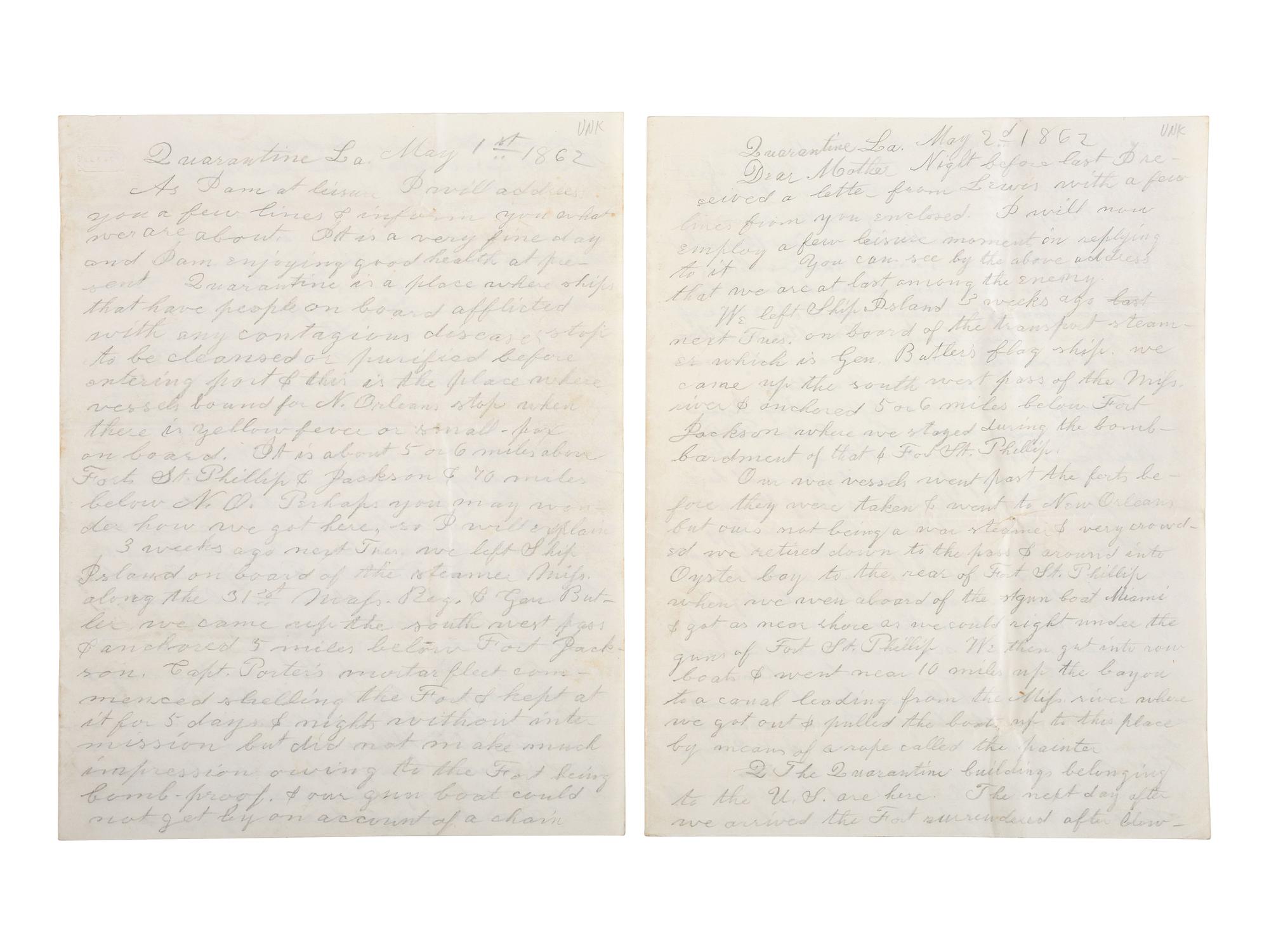 [CIVIL WAR]. A group of 2 letters written by "Daniel," Co. I, 26th Massachusetts Infantry Regiment, describing the April 1862 Battle of Forts Jackson and St. Philip.