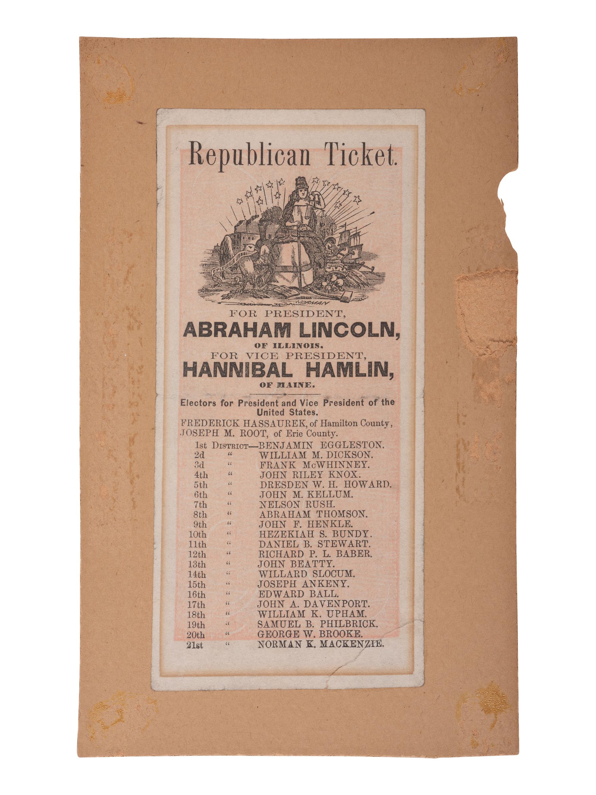 [LINCOLNIANA]. 1860 Republican Ticket for Lincoln and Hamlin, descended directly in the family of Hannibal Hamlin.